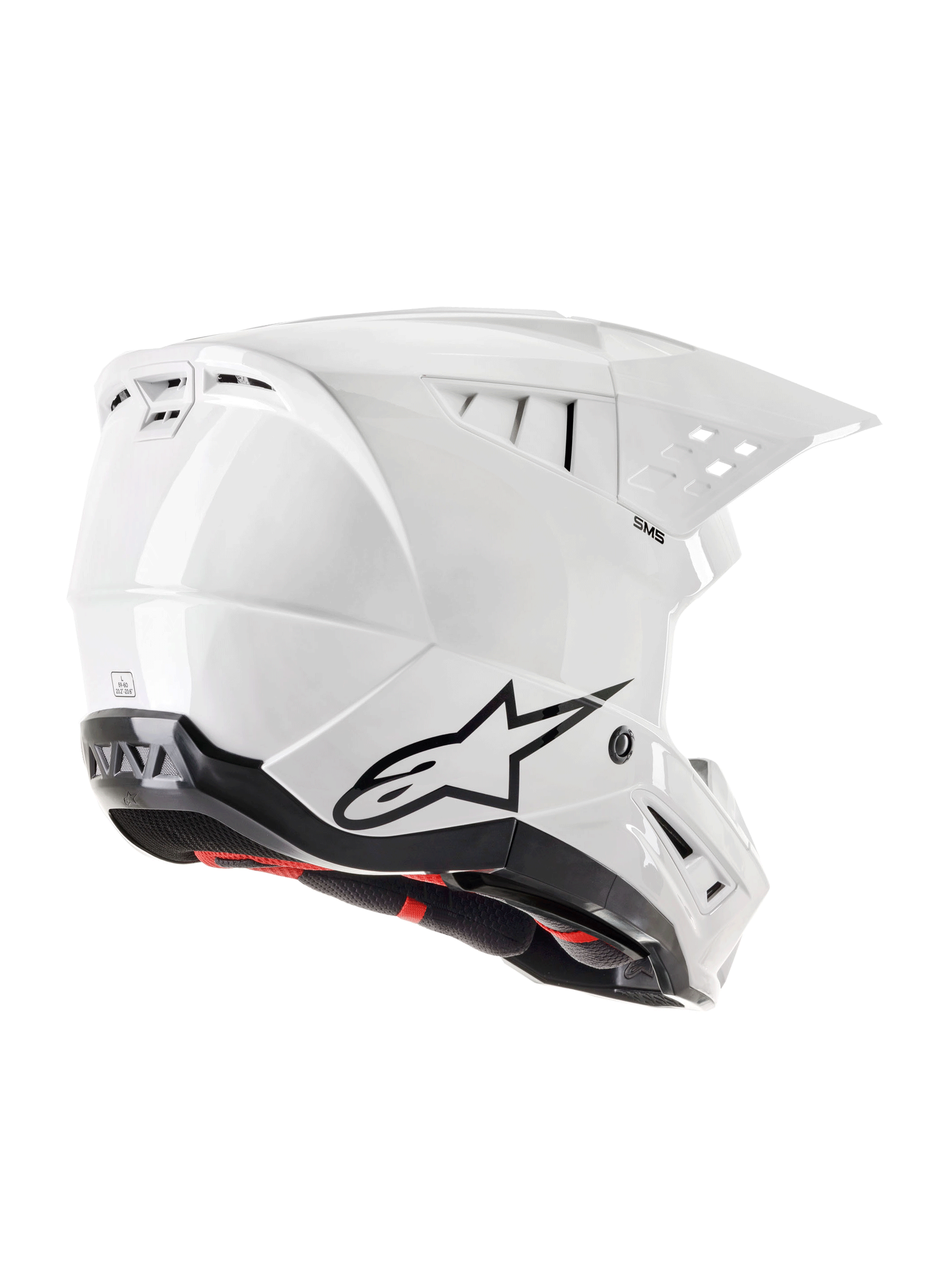 Casco Alpinestars S-M5 Solid ECE 22.06, casco da motocross, bianco lucido, vista posteriore a tre quarti con logo Astars nero, prese d'aria integrate, design aerodinamico della calotta