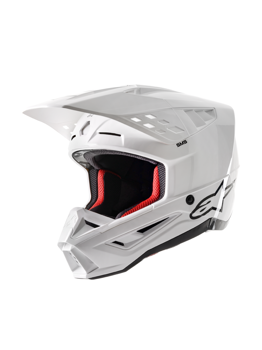 Alpinestars S-M5 Solid Helmet ECE 22.06, casco da motocross, bianco lucido, con imbottitura interna rossa, logo Alpinestars nero, visiera aerodinamica e prese d'aria multiple per la protezione nel racing fuoristrada