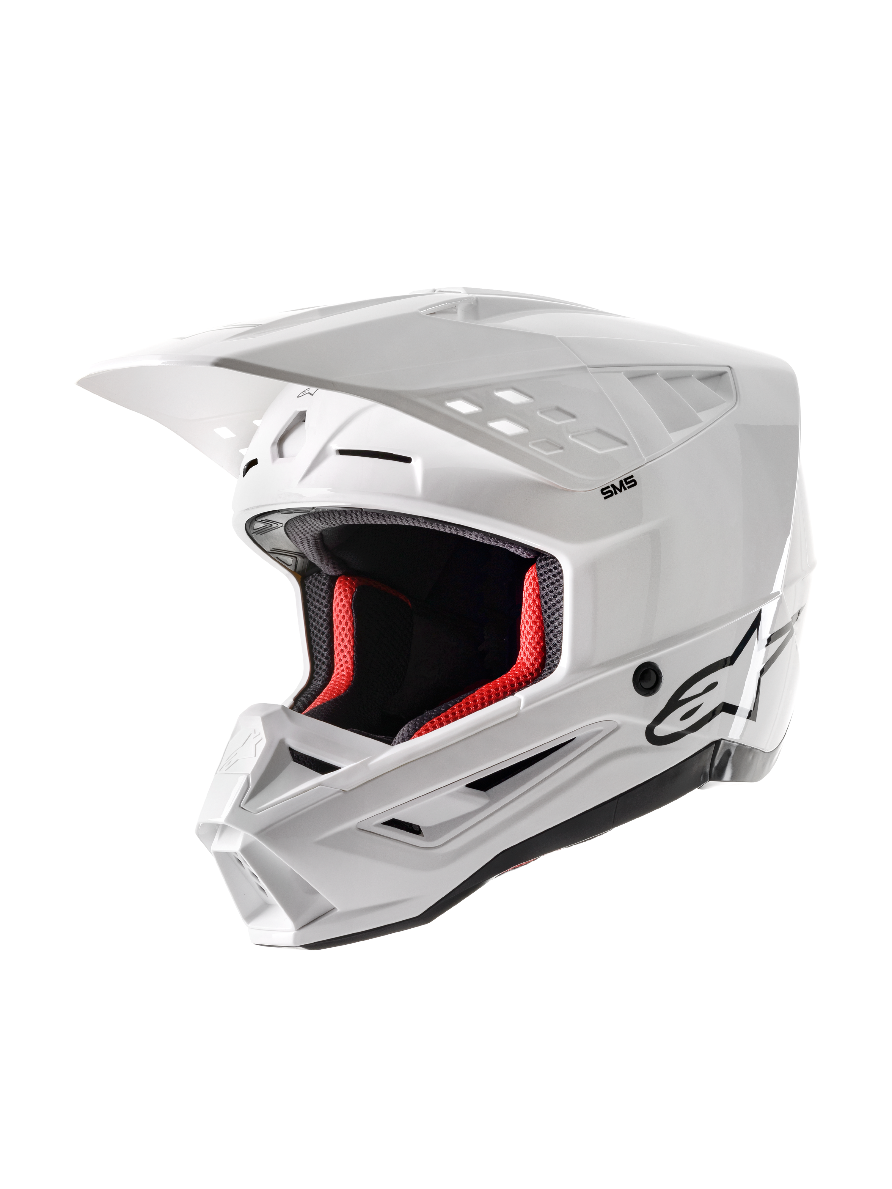 Alpinestars S-M5 Solid Helmet ECE 22.06, casco da motocross, bianco lucido, con imbottitura interna rossa, logo Alpinestars nero, visiera aerodinamica e prese d'aria multiple per la protezione nel racing fuoristrada