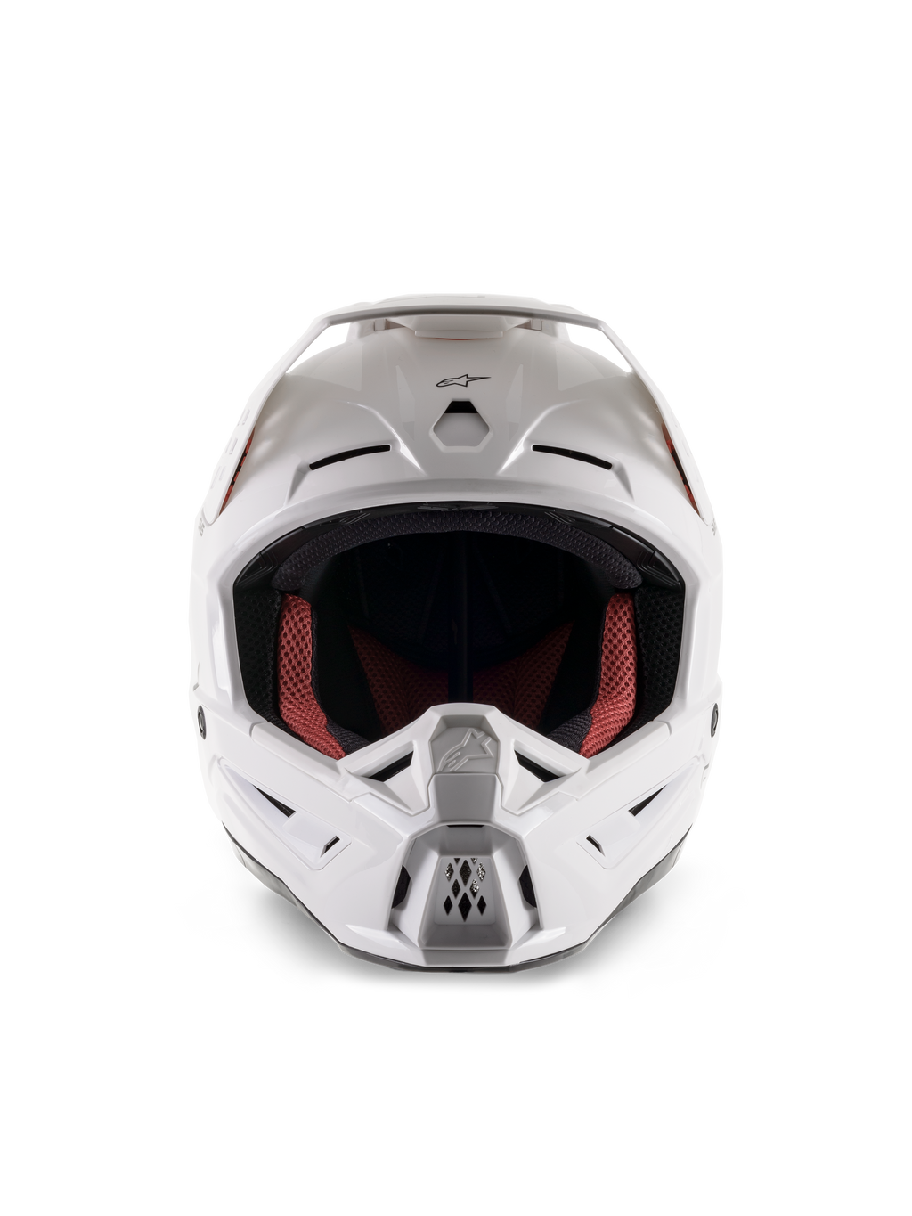 Alpinestars S-M5 Solid Helmet ECE 22.06, casco da motocross, bianco lucido, vista frontale, con prese d'aria multiple sulla mentoniera e sulla fronte, ampia visiera, fodera interna rossa e nera, design aerodinamico per gare fuoristrada