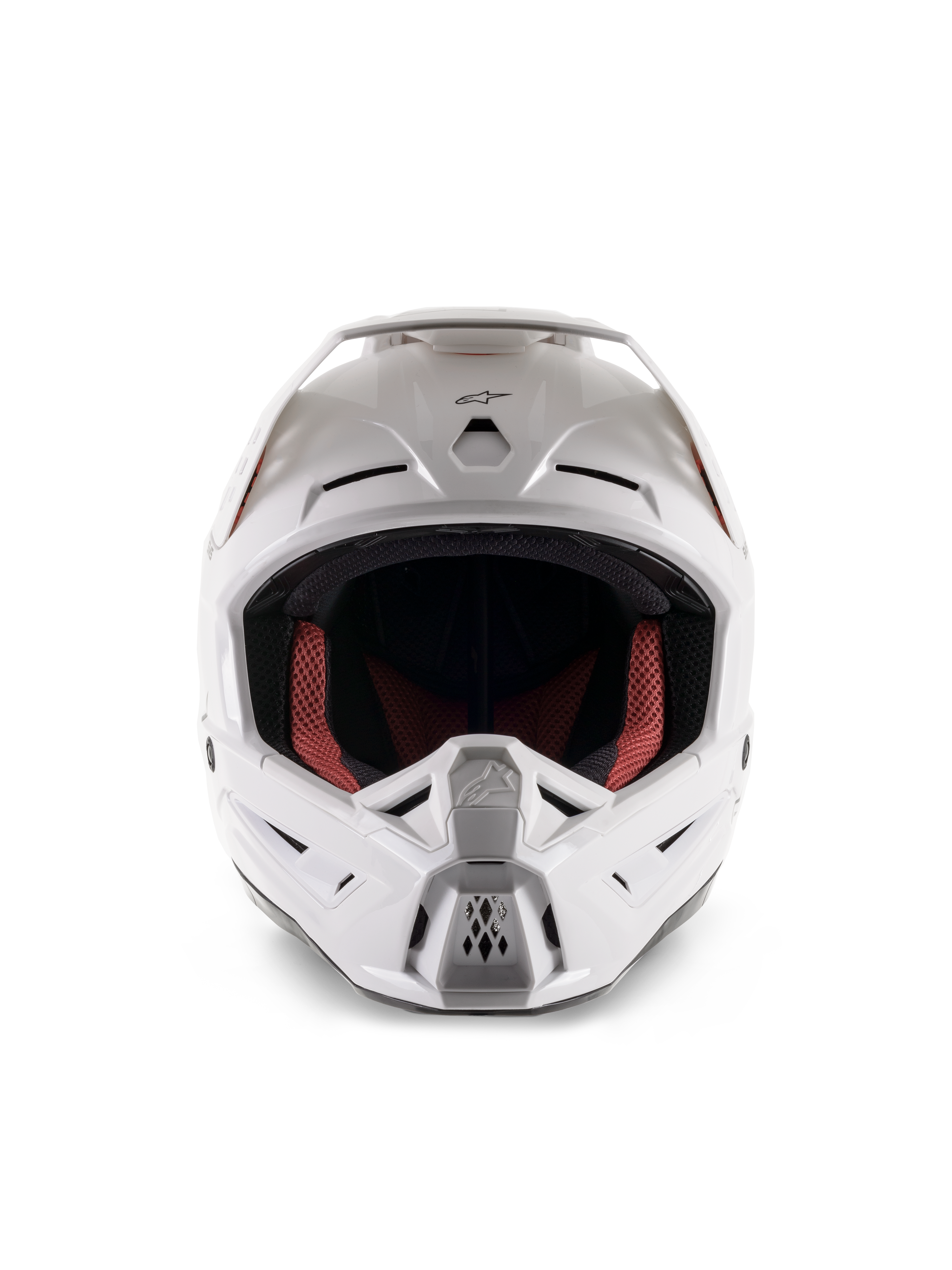 Alpinestars S-M5 Solid Helmet ECE 22.06, casco da motocross, bianco lucido, vista frontale, con prese d'aria multiple sulla mentoniera e sulla fronte, ampia visiera, fodera interna rossa e nera, design aerodinamico per gare fuoristrada