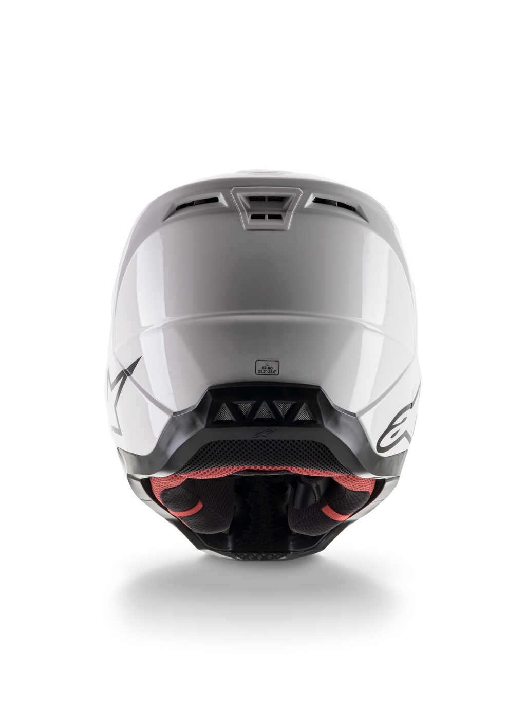 Casco Alpinestars S-M5 Solid ECE 22.06, casco da motocross, bianco lucido, vista posteriore con prese d'aria aerodinamiche e bordo inferiore nero con loghi, equipaggiamento protettivo elegante per gare fuoristrada