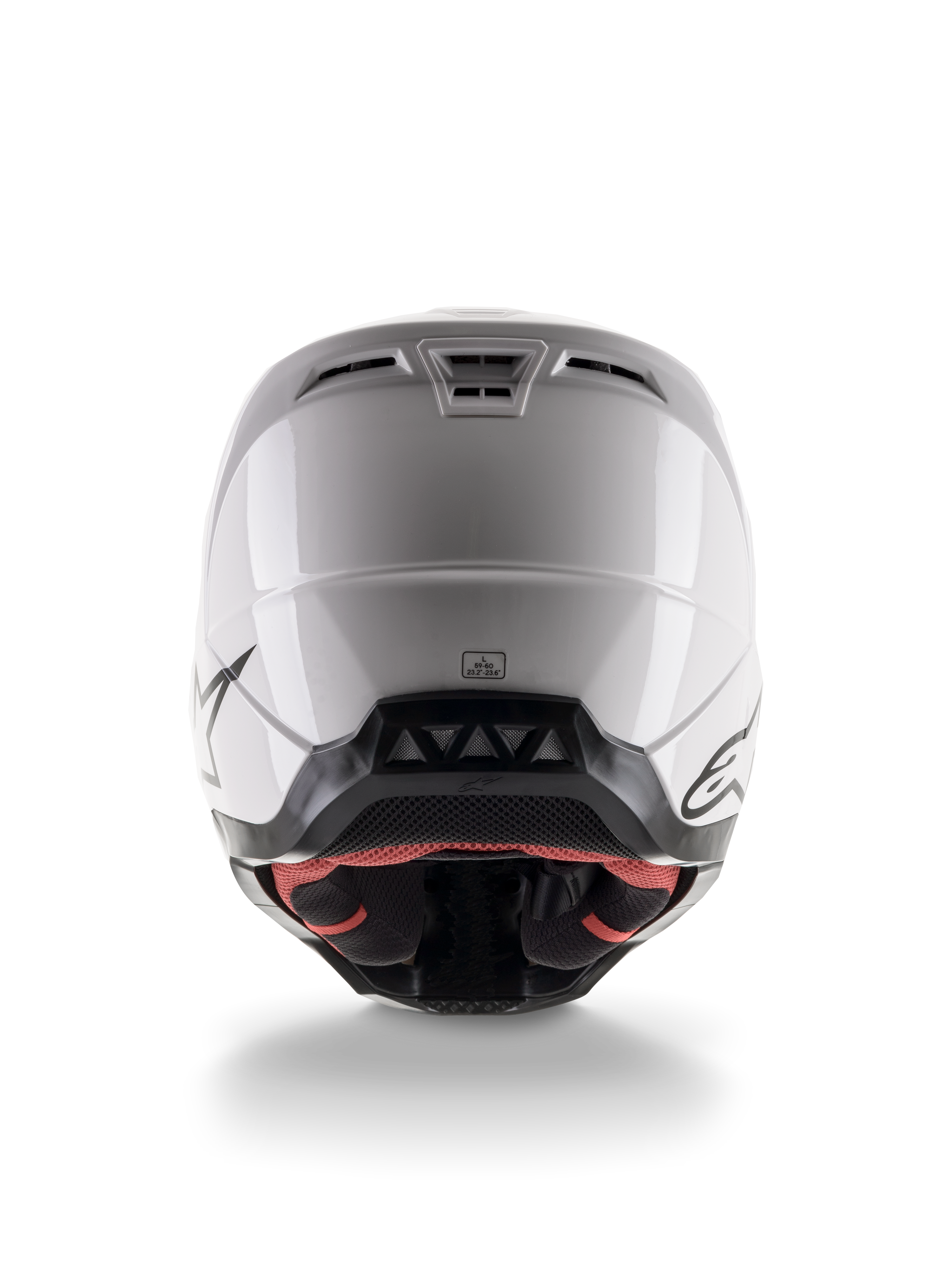 Casco Alpinestars S-M5 Solid ECE 22.06, casco da motocross, bianco lucido, vista posteriore con prese d'aria aerodinamiche e bordo inferiore nero con loghi, equipaggiamento protettivo elegante per gare fuoristrada