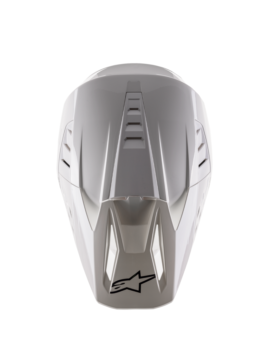 Alpinestars Casco S-M5 Solid ECE 22.06, casco da motocross, bianco lucido, vista dall'alto che mostra le prese d'aria superiori e il logo nero sulla punta della visiera