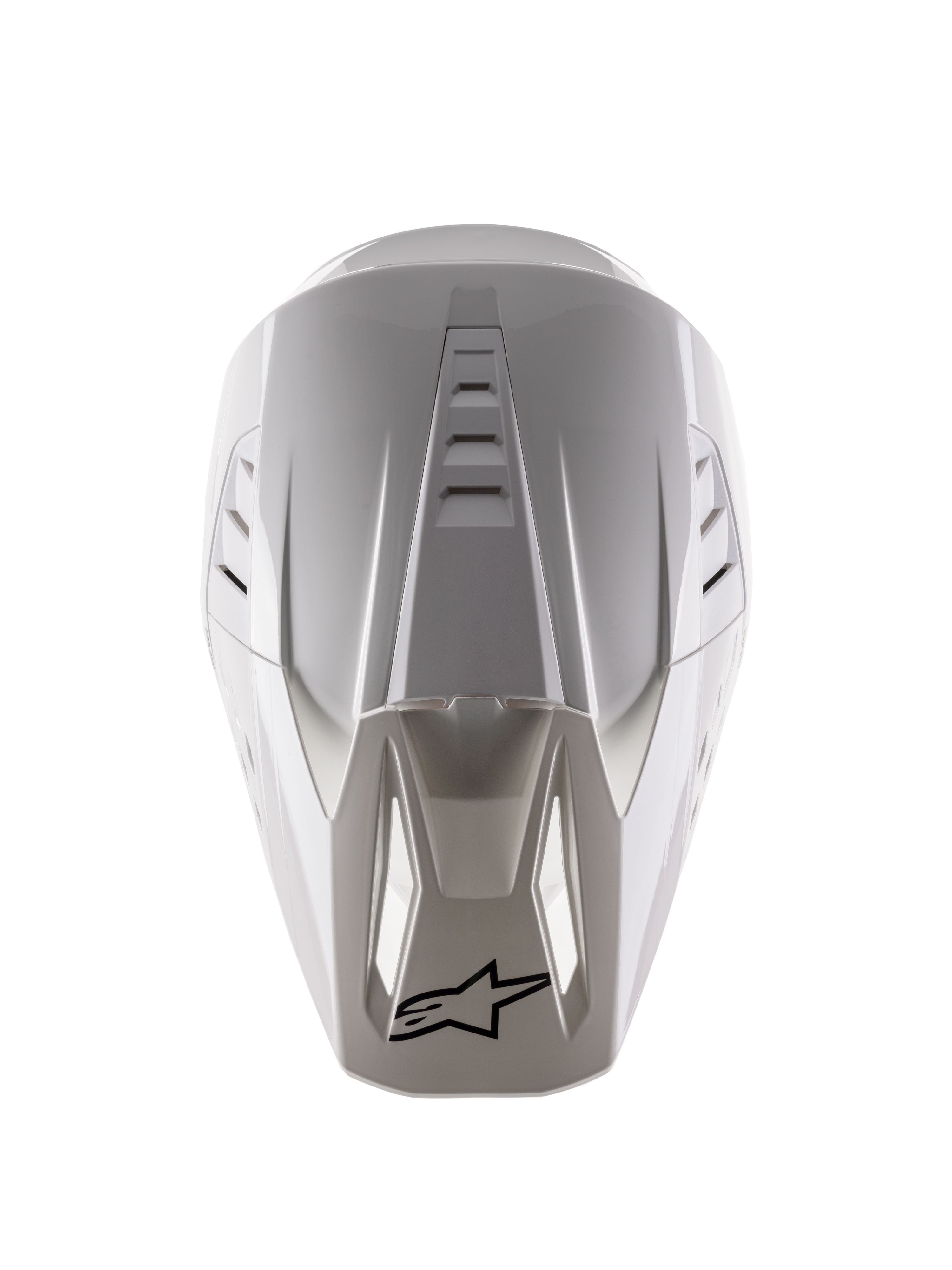 Alpinestars Casco S-M5 Solid ECE 22.06, casco da motocross, bianco lucido, vista dall'alto che mostra le prese d'aria superiori e il logo nero sulla punta della visiera
