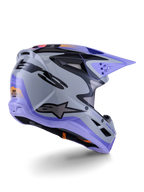 Casco Alpinestars S-M3 Jettson Youth, casco da motocross, grigio, viola e nero lucido, vista posteriore di tre quarti, con visiera viola, logo Alpinestars nero e diverse prese d'aria, design aerodinamico per competizioni off-road per ragazzi