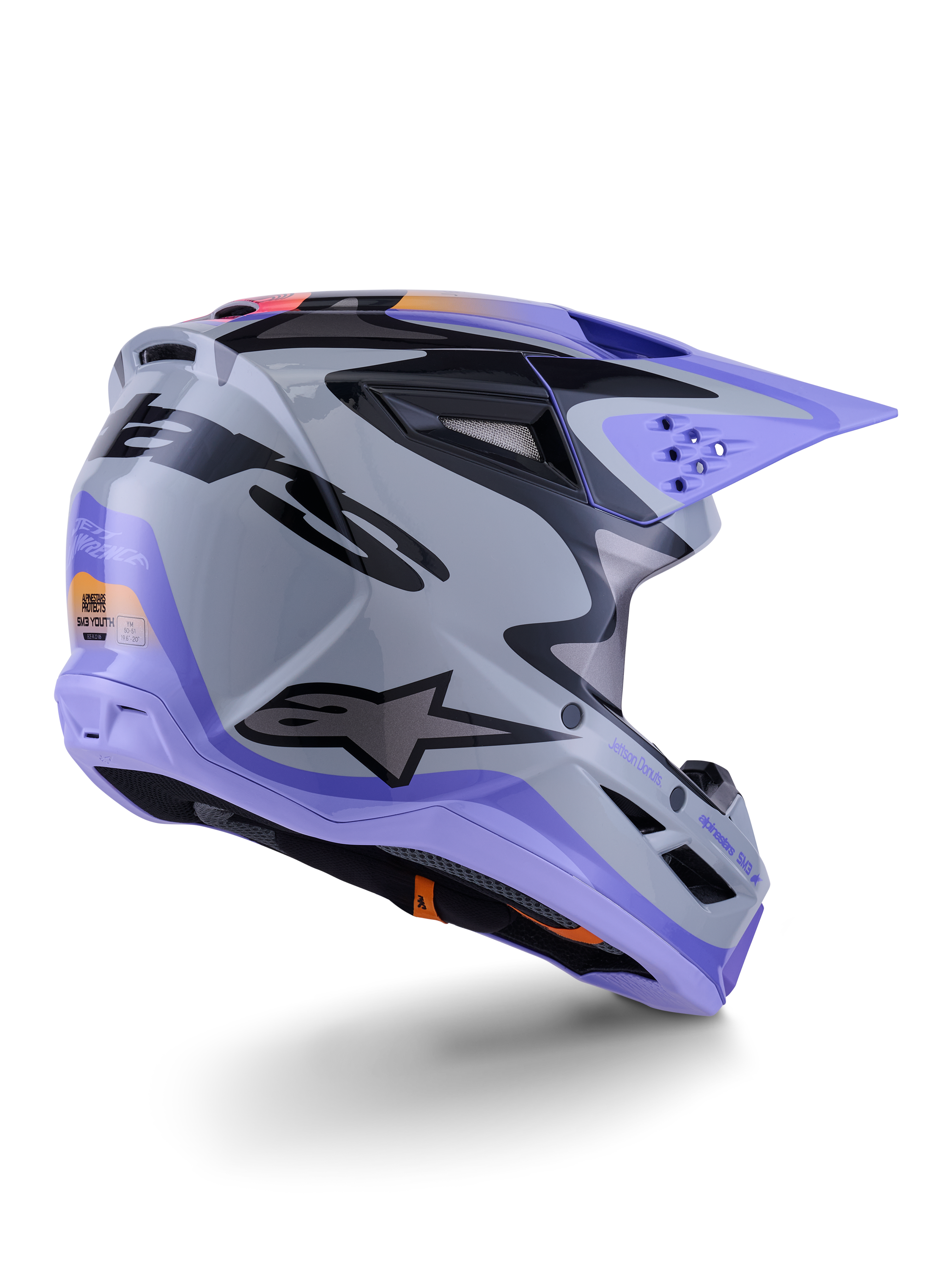Casco Alpinestars S-M3 Jettson Youth, casco da motocross, grigio, viola e nero lucido, vista posteriore di tre quarti, con visiera viola, logo Alpinestars nero e diverse prese d'aria, design aerodinamico per competizioni off-road per ragazzi