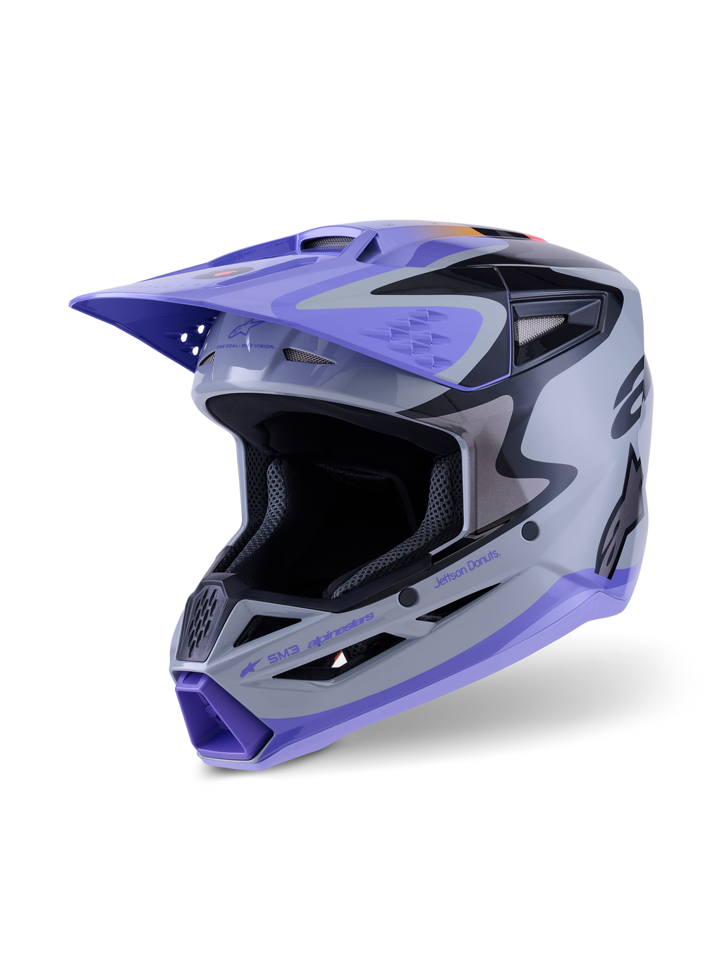 Alpinestars Casco S-M3 Jettson Youth ECE 22.06, casco da motocross, grigio, viola e nero lucido, con visiera e mentoniera viola, calotta aerodinamica con porte di ventilazione a rete, grafiche audaci per corse fuoristrada giovanili