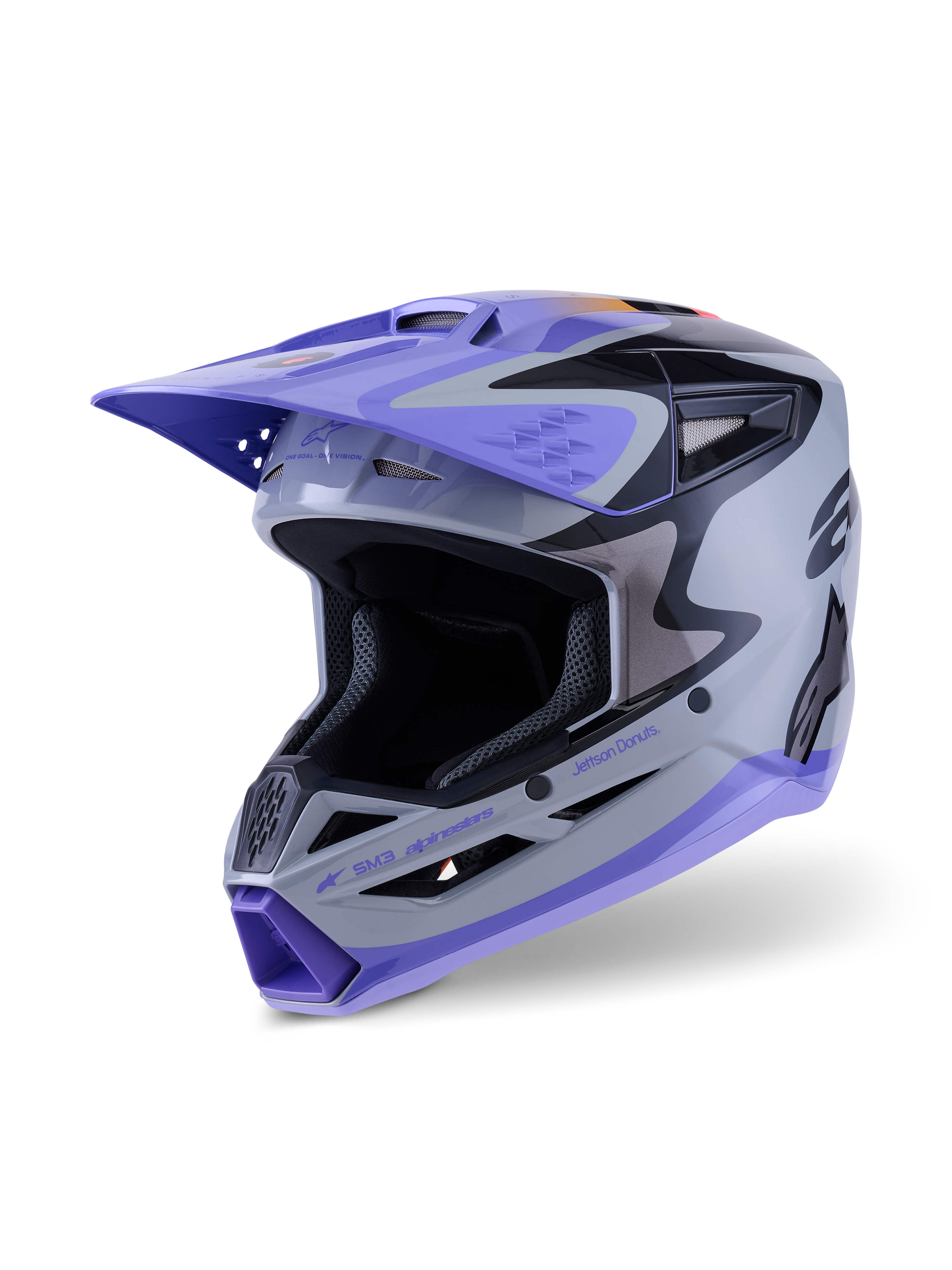 Alpinestars Casco S-M3 Jettson Youth ECE 22.06, casco da motocross, grigio, viola e nero lucido, con visiera e mentoniera viola, calotta aerodinamica con porte di ventilazione a rete, grafiche audaci per corse fuoristrada giovanili