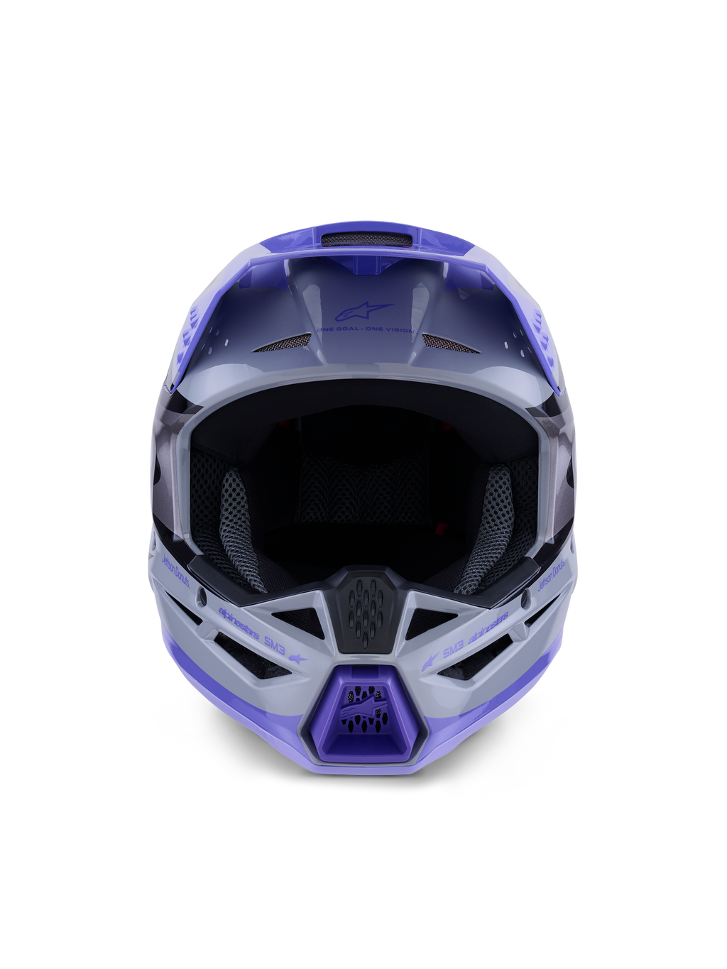 Alpinestars Casco S-M3 Jettson Ragazzo, casco da motocross, finitura lucida grigio, viola e nero, vista frontale con ampia apertura per la maschera e mentoniera ventilata, protezione professionale per la testa fuoristrada