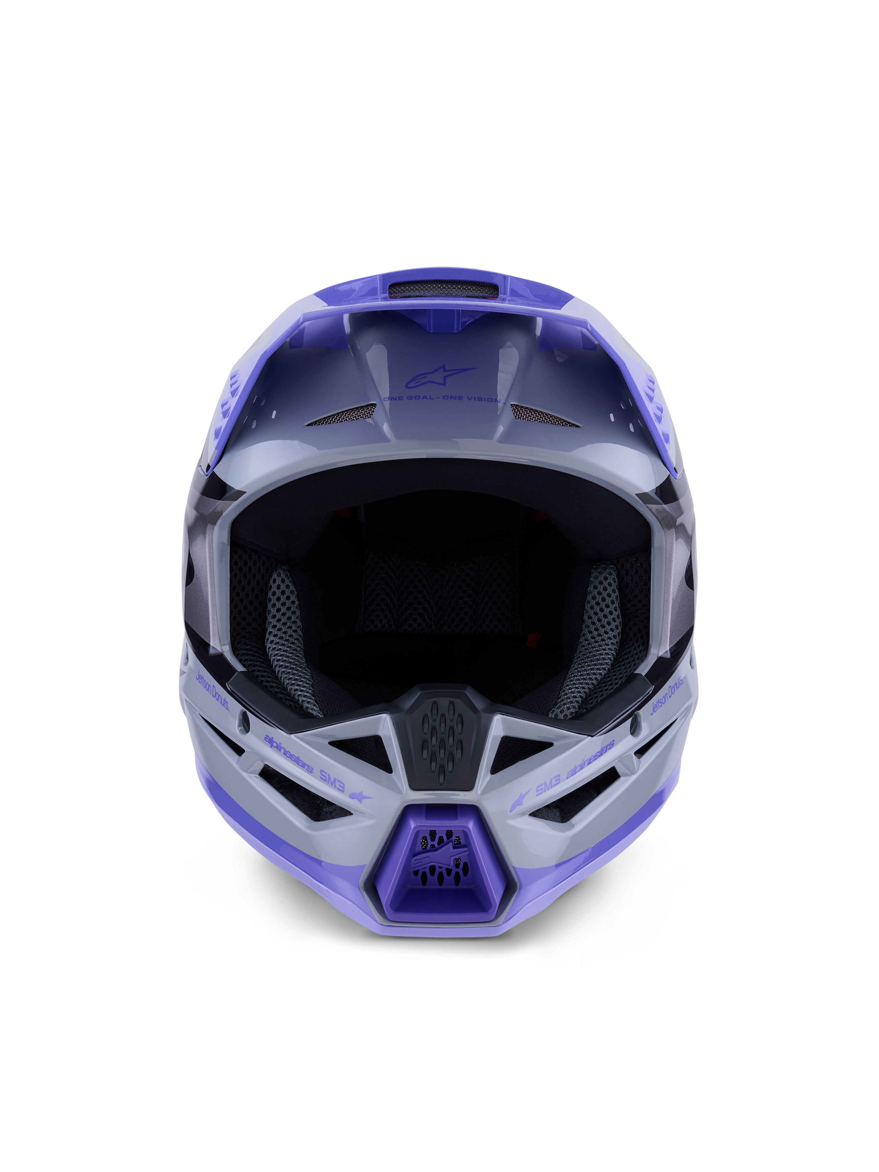 Alpinestars Casco S-M3 Jettson Ragazzo, casco da motocross, finitura lucida grigio, viola e nero, vista frontale con ampia apertura per la maschera e mentoniera ventilata, protezione professionale per la testa fuoristrada