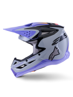 Casco Alpinestars S-M3 Jettson, casco da motocross, grigio, viola e nero lucido, vista laterale con grafiche eleganti e visiera regolabile, caratterizzato da numerose prese d'aria e logo Alpinestars, protezione per fuoristrada ad alte prestazioni