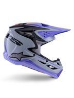 Casco Alpinestars S-M3 Jettson Youth, casco da motocross, grigio, viola e nero lucido, profilo laterale con grafiche angolari e marchio 'Jettson Donuts', design aerodinamico della calotta con prese d'aria e logo Alpinestars, attrezzatura protettiva off-road per ragazzi ad alte prestazioni