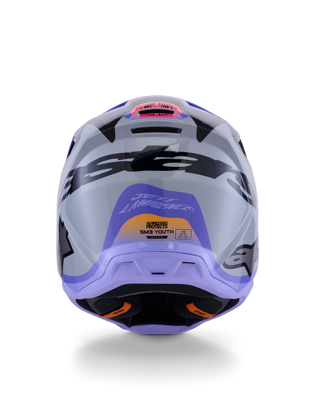 Casco Alpinestars S-M3 Jettson per ragazzi ECE 22.06, casco da motocross, vista posteriore in grigio, viola e nero lucido, con grafica della firma di Jett Lawrence, logo nero in evidenza e prese di ventilazione, finitura lucida per gare fuoristrada