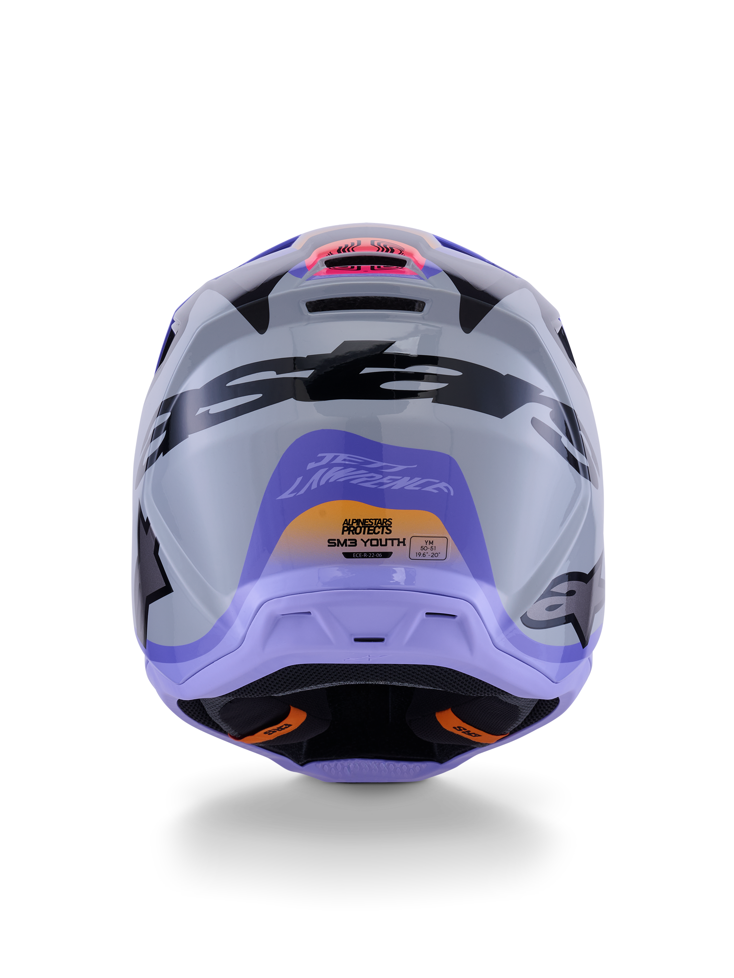 Alpinestars Casco S-M3 Jettson Youth, vista posteriore, grigio con grafiche lucide viola e nere, con design firmato Jett Lawrence e loghi Alpinestars, casco da motocross off-road