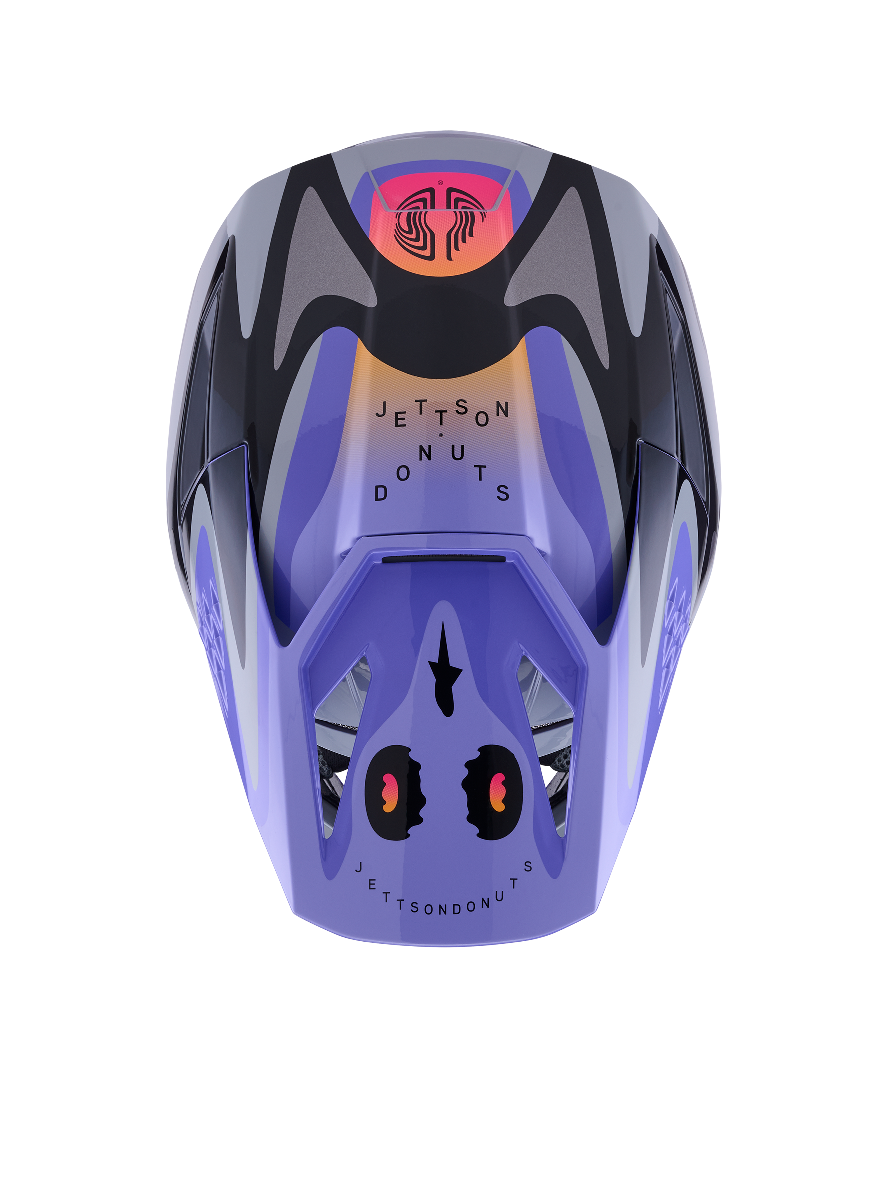 Casco Alpinestars S-M3 Jettson Youth, casco da motocross, grigio, viola e nero lucido, vista dall'alto con motivi grafici 'Jettson Donuts' su base lavanda, accenti neri e grigi e frontino protettivo