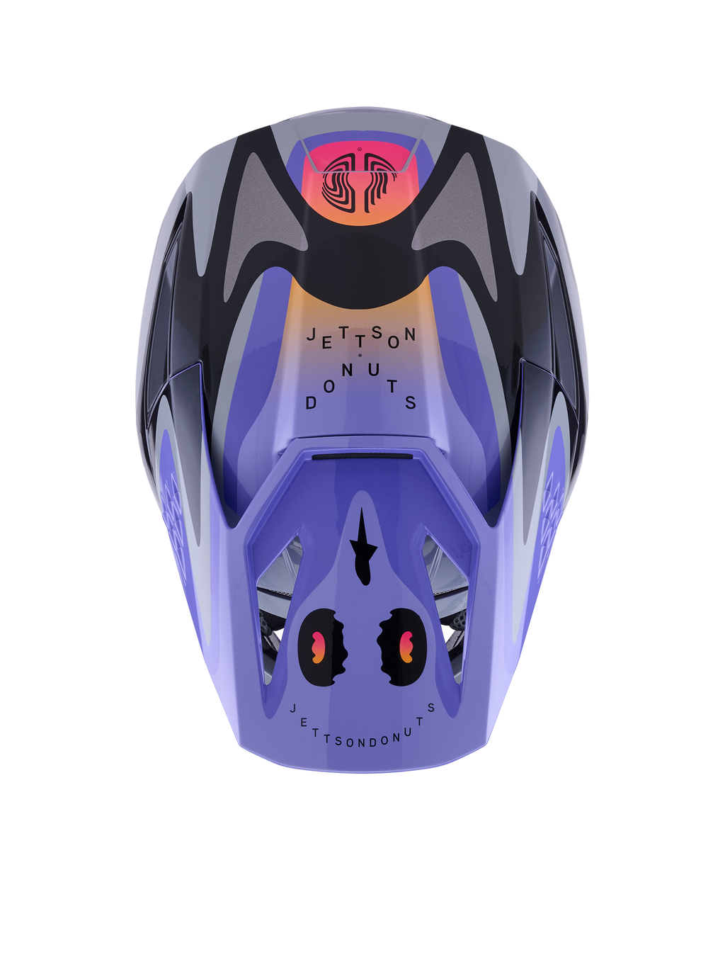 Casco Alpinestars S-M3 Jettson, casco da motocross, grigio viola nero lucido con sfumature arancioni e rosa, vista dall'alto con grafiche 'Jettson Donuts' e logo Alpinestars sulla visiera, finitura lucida.