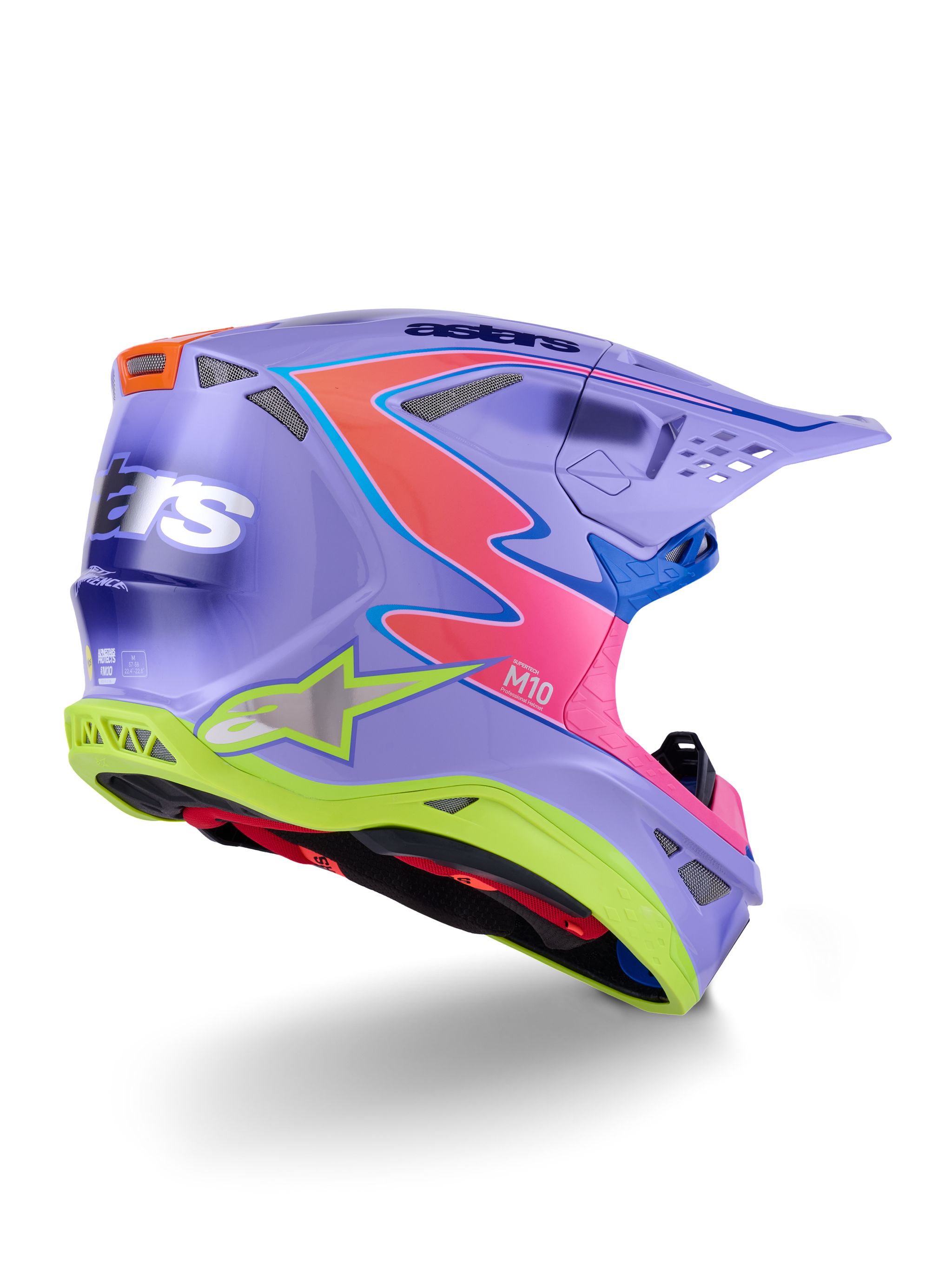 Casco Alpinestars Supertech M10 Jett Lawrence R01, casco da motocross, viola con accenti rosa e giallo fluorescente, design grafico audace con branding Alpinestars, calotta aerodinamica con prese d'aria e visiera protettiva