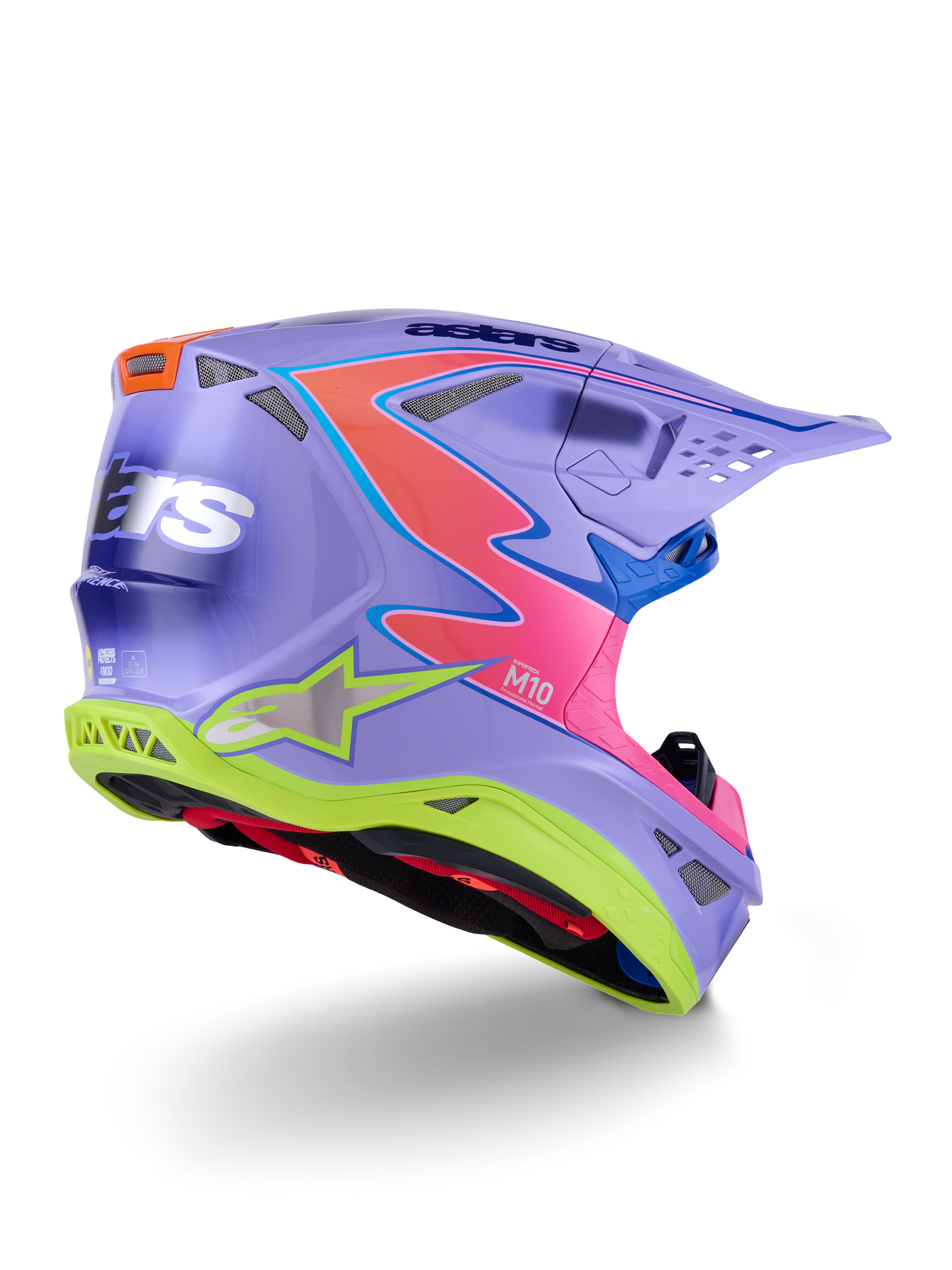 Casco Alpinestars Supertech M10 Jett Lawrence R01, casco da motocross, viola con accenti rosa e giallo fluorescente, design grafico audace con branding Alpinestars, calotta aerodinamica con prese d'aria e visiera protettiva