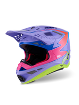 Casco Alpinestars Supertech M10 Jett Lawrence R01, casco da motocross, viola, rosa e giallo fluorescente lucido, design aerodinamico con calotta in carbonio multi-composito, molteplici prese d'aria e grafiche racing vivaci per prestazioni off-road