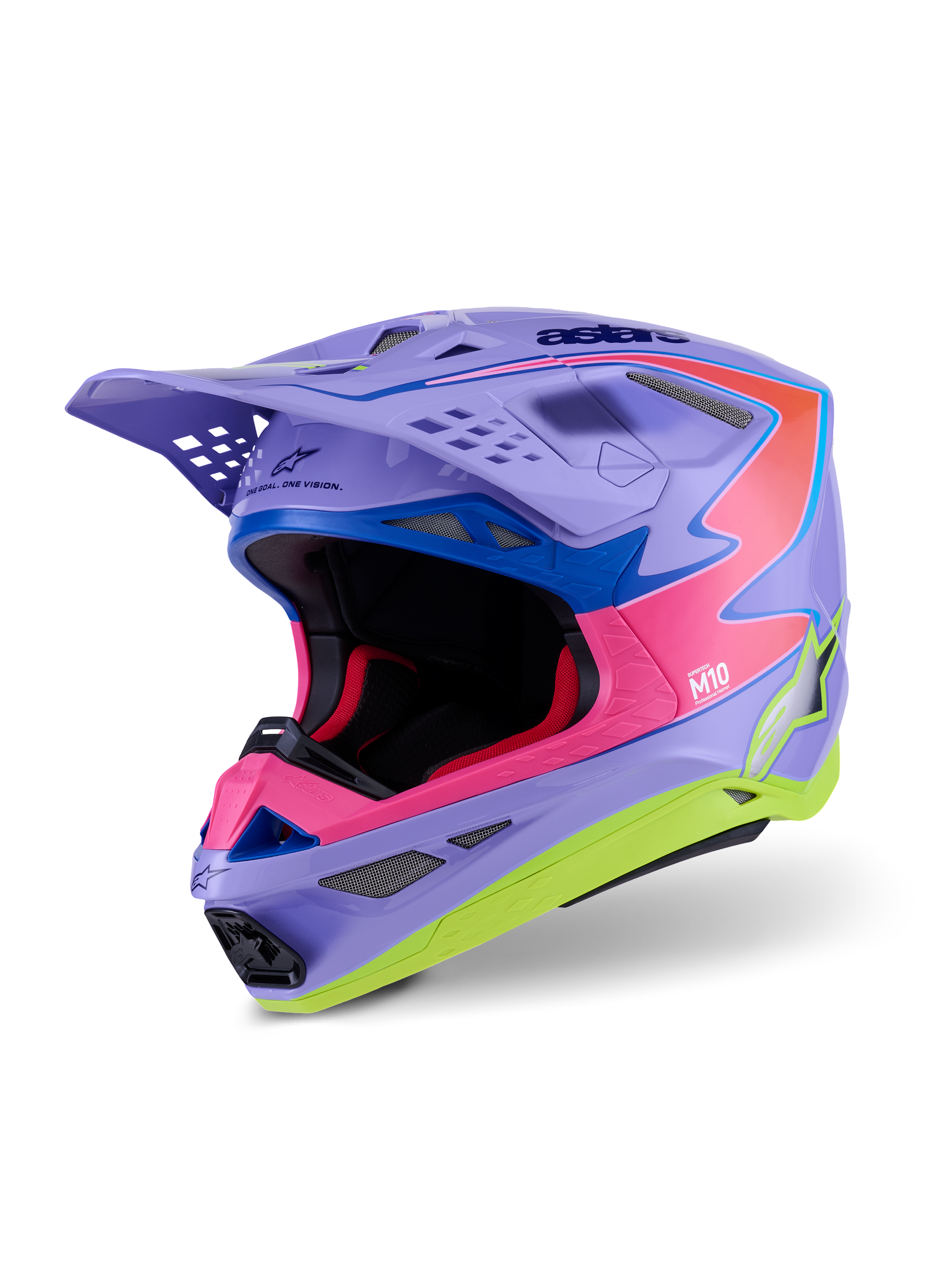 Casco Alpinestars Supertech M10 Jett Lawrence R01, casco da motocross, viola, rosa e giallo fluorescente lucido, design aerodinamico con calotta in carbonio multi-composito, molteplici prese d'aria e grafiche racing vivaci per prestazioni off-road