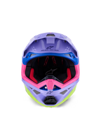Casco Alpinestars Supertech M10 Jett Lawrence R01, casco da motocross, viola, rosa e giallo fluo lucido, vista frontale che mostra l'imbottitura interna e la mentoniera, scritta 'ONE GOAL. ONE VISION.' stampata sotto la visiera, grafiche da corsa colorate con accenti blu