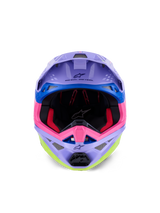 Casco Alpinestars Supertech M10 Jett Lawrence R01, casco da motocross, viola, rosa e giallo fluo lucido, vista frontale che mostra l'imbottitura interna e la mentoniera, scritta 'ONE GOAL. ONE VISION.' stampata sotto la visiera, grafiche da corsa colorate con accenti blu