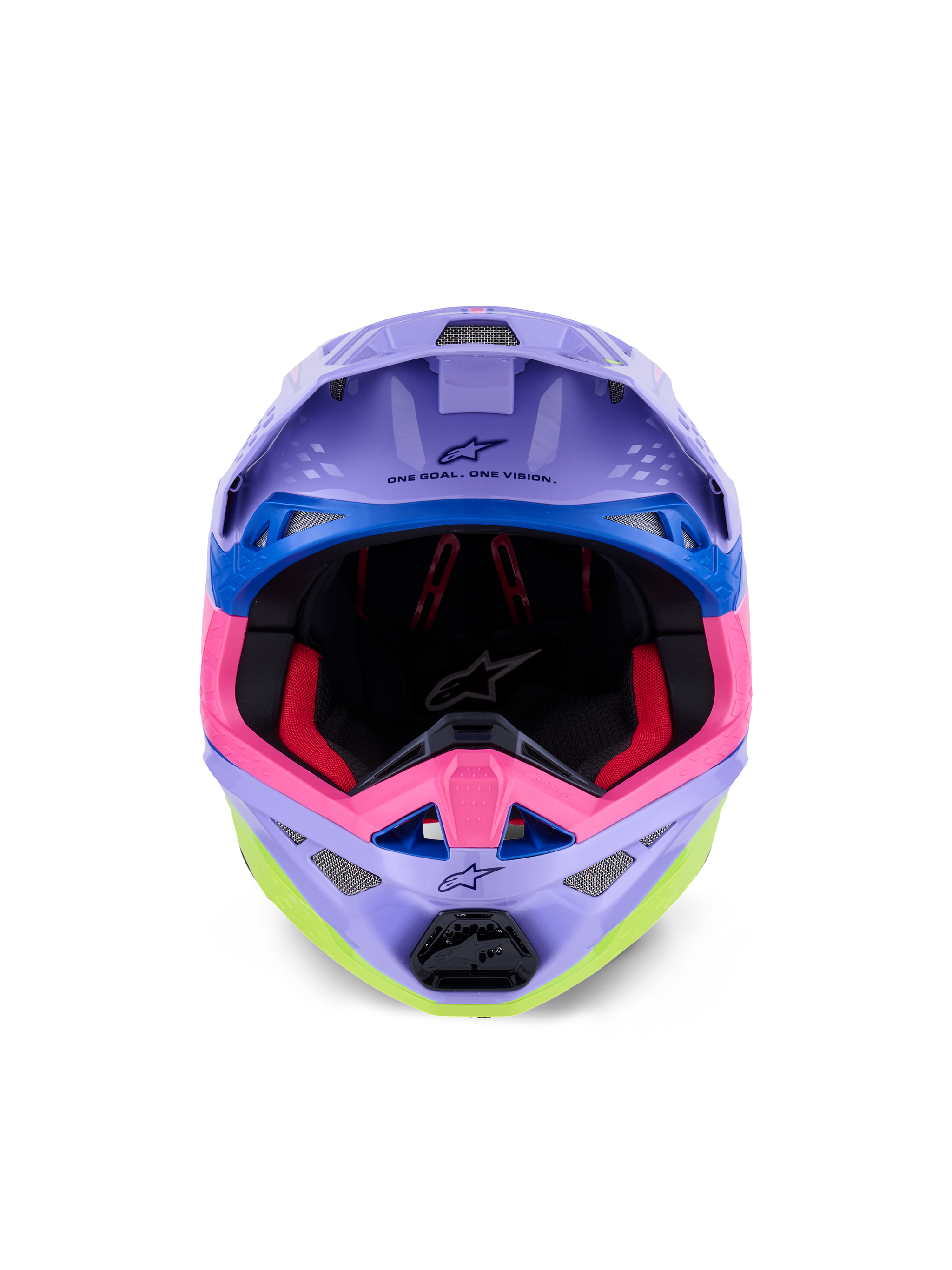 Casco Alpinestars Supertech M10 Jett Lawrence R01, casco da motocross, viola, rosa e giallo fluo lucido, vista frontale che mostra l'imbottitura interna e la mentoniera, scritta 'ONE GOAL. ONE VISION.' stampata sotto la visiera, grafiche da corsa colorate con accenti blu