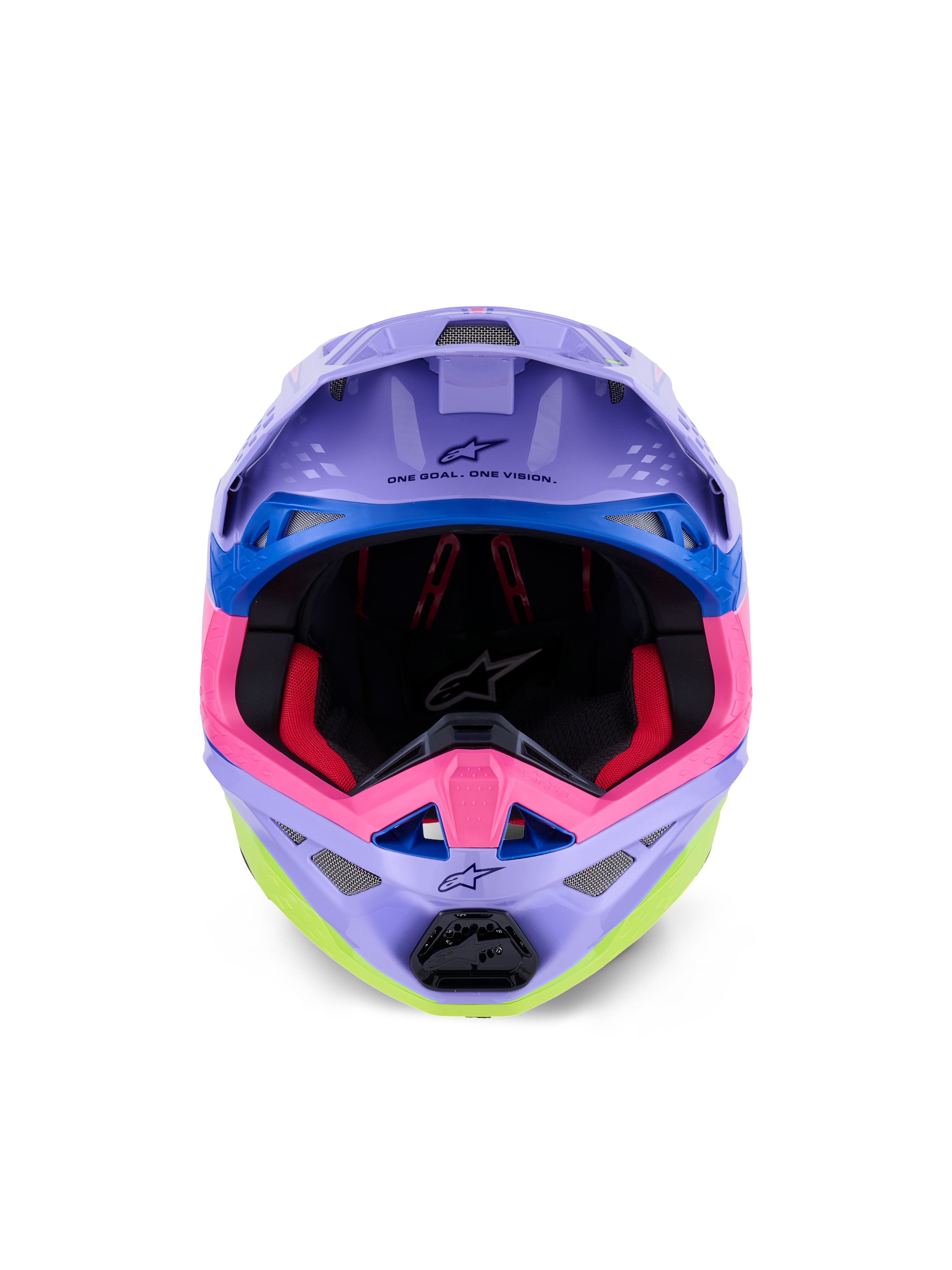 Casco Alpinestars Supertech M10 Jett Lawrence R01, casco da motocross, viola, rosa e giallo fluo lucido, vista frontale che mostra l'imbottitura interna e la mentoniera, scritta 'ONE GOAL. ONE VISION.' stampata sotto la visiera, grafiche da corsa colorate con accenti blu