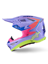 Alpinestars Supertech M10 Jett Lawrence R01 Helmet, casco da motocross, viola con accenti rosa e giallo fluo, vista di profilo laterale con calotta aerodinamica in carbonio, logo a stella argento, numerose prese d'aria e design grafico audace per il motocross professionale.