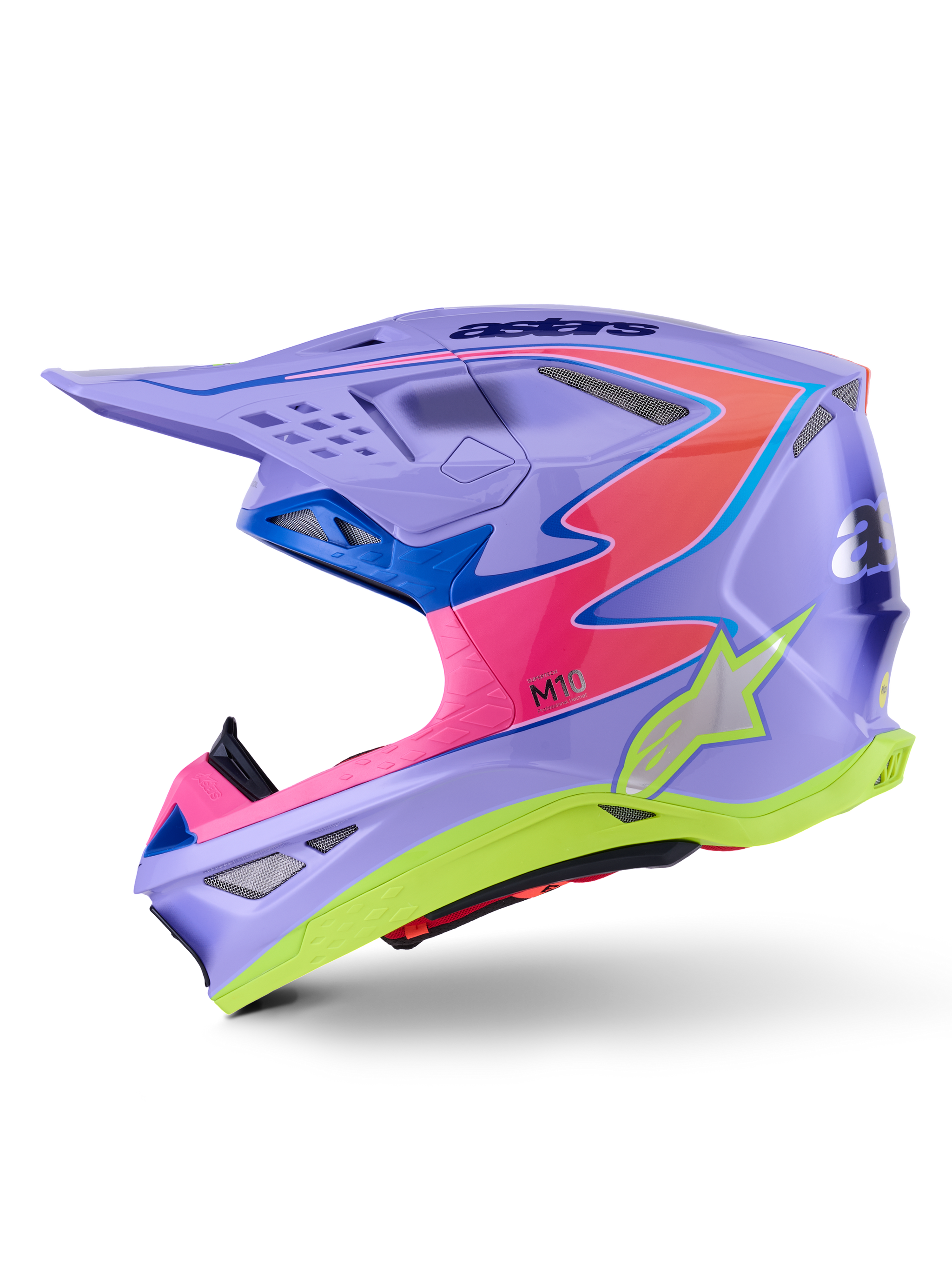 Alpinestars Supertech M10 Jett Lawrence R01 Helmet, casco da motocross, viola con accenti rosa e giallo fluo, vista di profilo laterale con calotta aerodinamica in carbonio, logo a stella argento, numerose prese d'aria e design grafico audace per il motocross professionale.