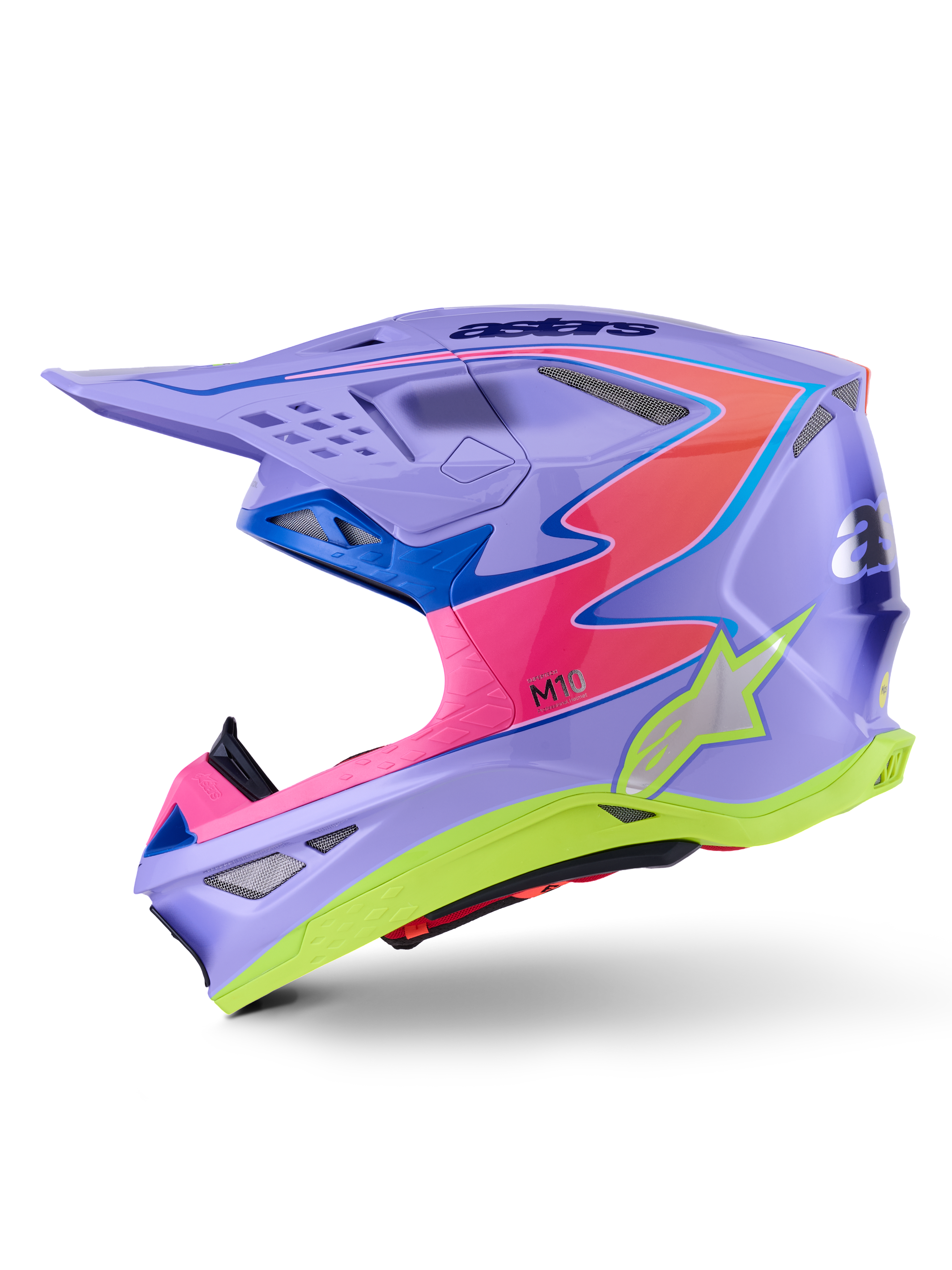 Alpinestars Supertech M10 Jett Lawrence R01 Helmet, casco da motocross, viola con accenti rosa e giallo fluo, vista di profilo laterale con calotta aerodinamica in carbonio, logo a stella argento, numerose prese d'aria e design grafico audace per il motocross professionale.