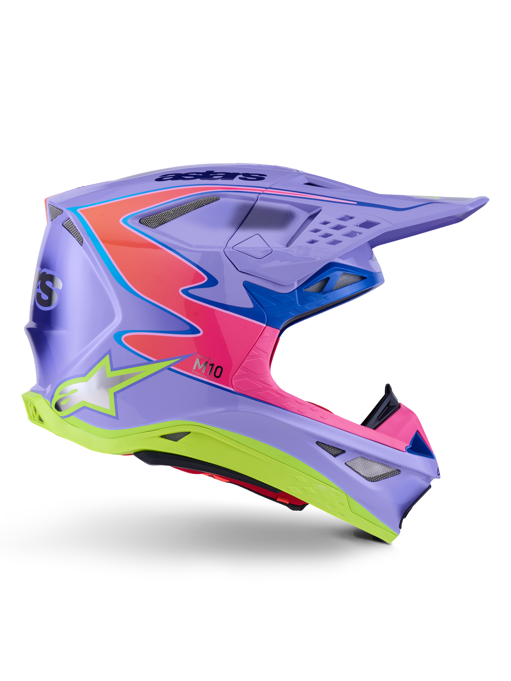 Alpinestars Supertech M10 Jett Lawrence R01 Helmet, casco da motocross, viola con accenti rosa e giallo fluorescente, profilo laterale che mostra la calotta aerodinamica in carbonio, molteplici prese d'aria e branding Alpinestars per prestazioni fuoristrada