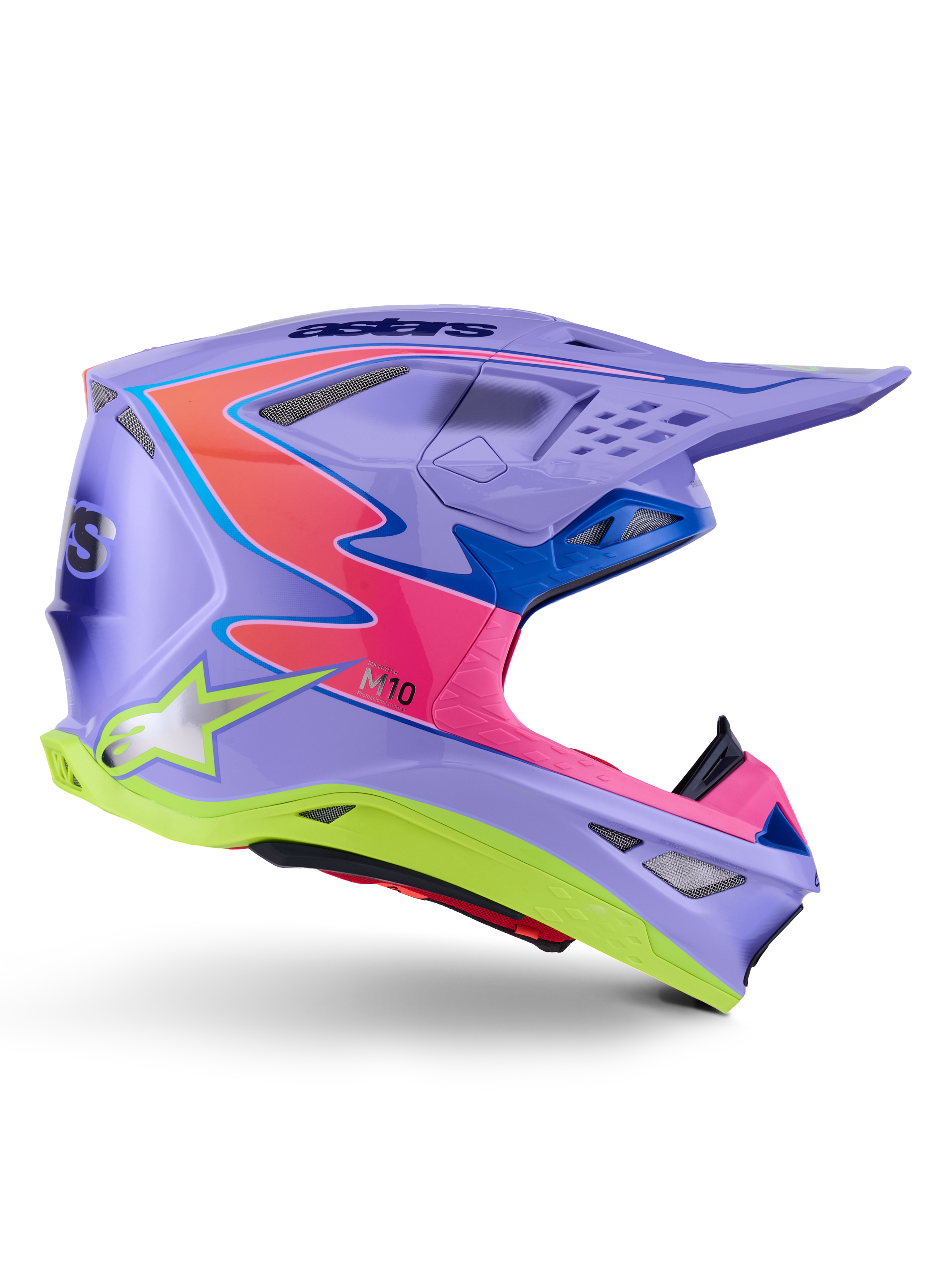Alpinestars Supertech M10 Jett Lawrence R01 Helmet, casco da motocross, viola con accenti rosa e giallo fluorescente, profilo laterale che mostra la calotta aerodinamica in carbonio, molteplici prese d'aria e branding Alpinestars per prestazioni fuoristrada