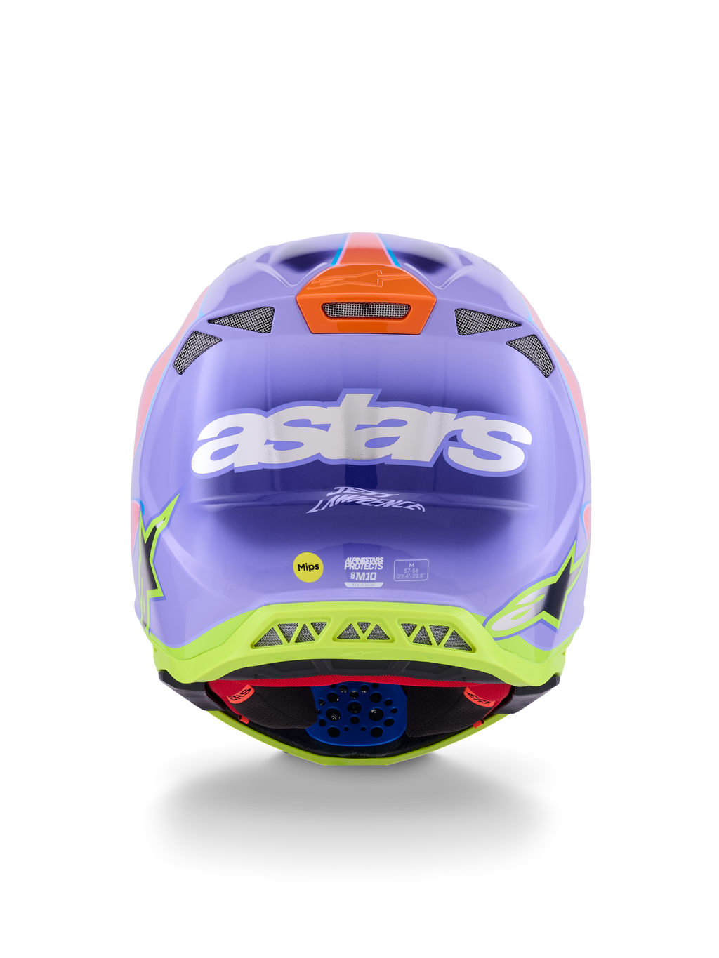 Casco Alpinestars Supertech M10 Jett Lawrence R01, casco da motocross, viola, rosa e giallo fluorescente, vista posteriore con logo astars bianco, firma di Jett Lawrence e prese d'aria multiple, design aerodinamico per corse fuoristrada