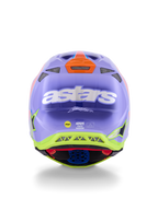 Casco Alpinestars Supertech M10 Jett Lawrence R01, casco da motocross, viola, rosa e giallo fluorescente, vista posteriore con logo astars bianco, firma di Jett Lawrence e prese d'aria multiple, design aerodinamico per corse fuoristrada