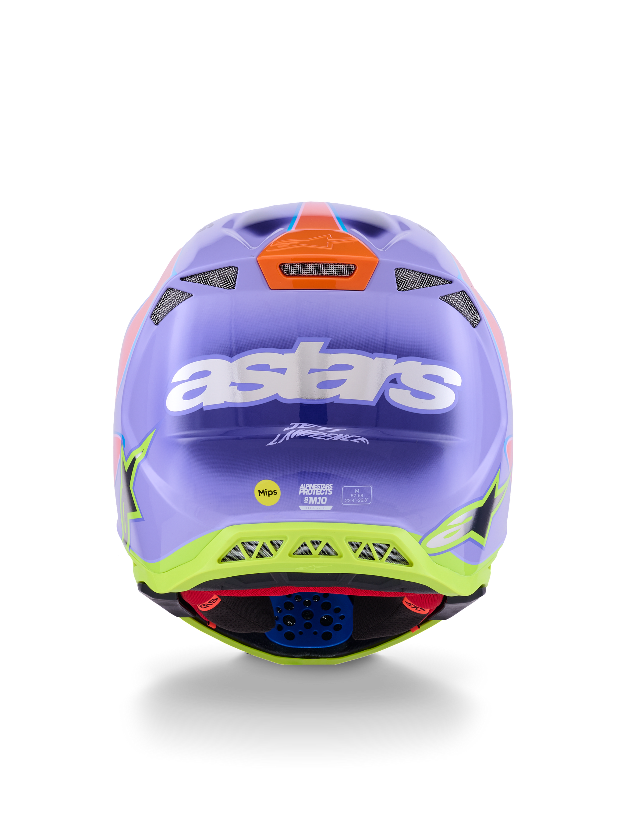 Casco Alpinestars Supertech M10 Jett Lawrence R01, casco da motocross, viola, rosa e giallo fluorescente, vista posteriore con logo astars bianco, firma di Jett Lawrence e prese d'aria multiple, design aerodinamico per corse fuoristrada