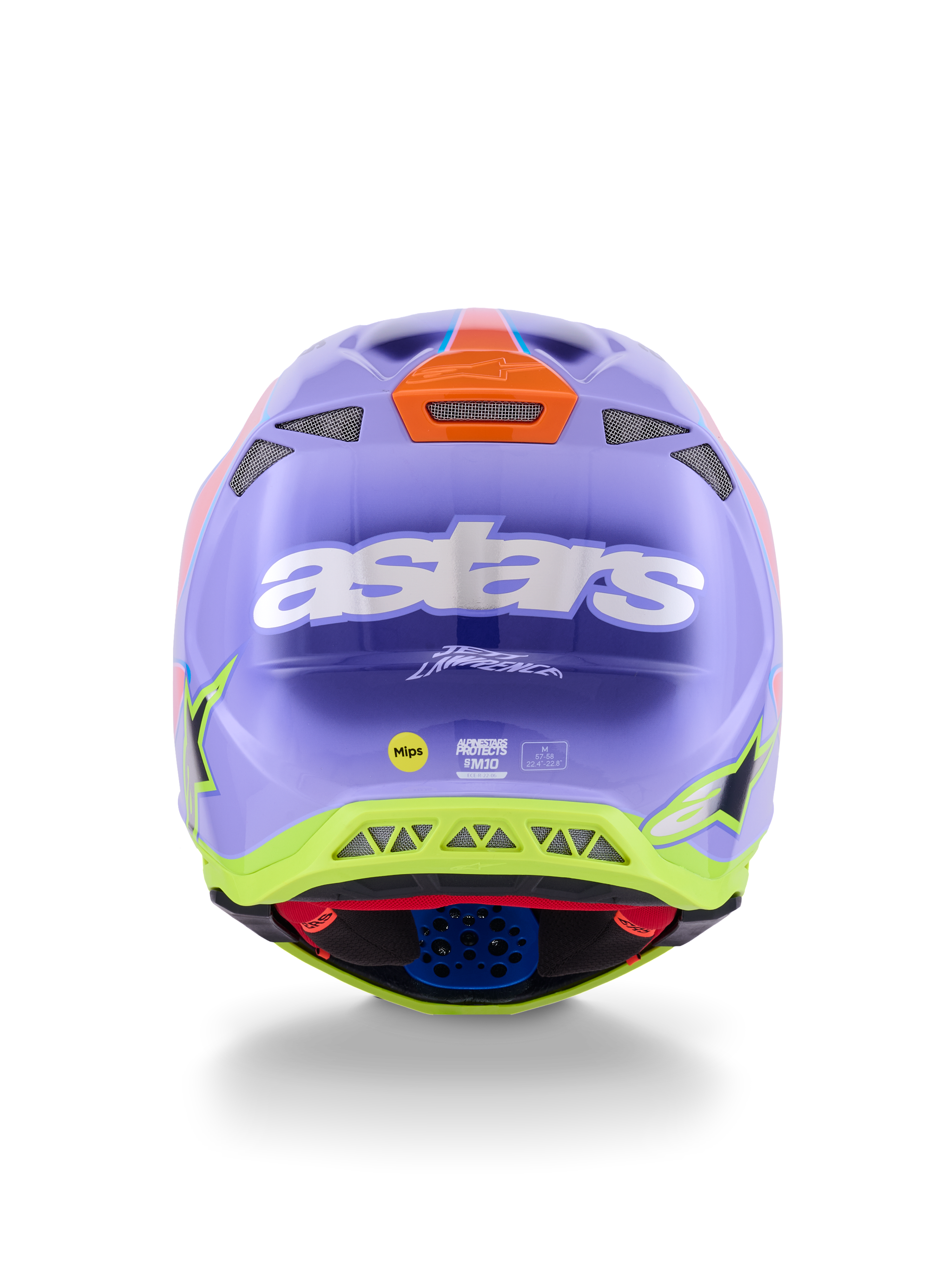 Casco Alpinestars Supertech M10 Jett Lawrence R01, casco da motocross, viola, rosa e giallo fluorescente, vista posteriore con logo astars bianco, firma di Jett Lawrence e prese d'aria multiple, design aerodinamico per corse fuoristrada