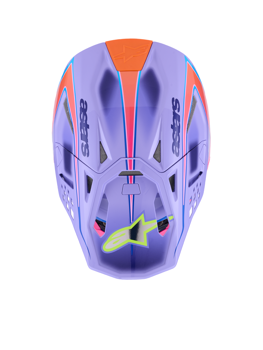 Alpinestars Supertech M10 Jett Lawrence R01 Helmet, casco da motocross, viola con grafiche rosa e arancioni, vista dall'alto che mostra le prese d'aria e la calotta aerodinamica, logo a stella giallo neon sulla visiera, costruzione avanzata in fibra di carbonio per gare fuoristrada