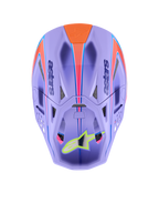 Alpinestars Supertech M10 Jett Lawrence R01 Helmet, casco da motocross, viola con grafiche rosa e arancioni, vista dall'alto che mostra le prese d'aria e la calotta aerodinamica, logo a stella giallo neon sulla visiera, costruzione avanzata in fibra di carbonio per gare fuoristrada