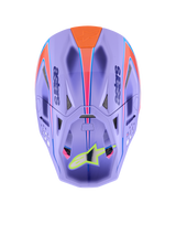 Alpinestars Supertech M10 Jett Lawrence R01 Helmet, casco da motocross, viola con grafiche rosa e arancioni, vista dall'alto che mostra le prese d'aria e la calotta aerodinamica, logo a stella giallo neon sulla visiera, costruzione avanzata in fibra di carbonio per gare fuoristrada