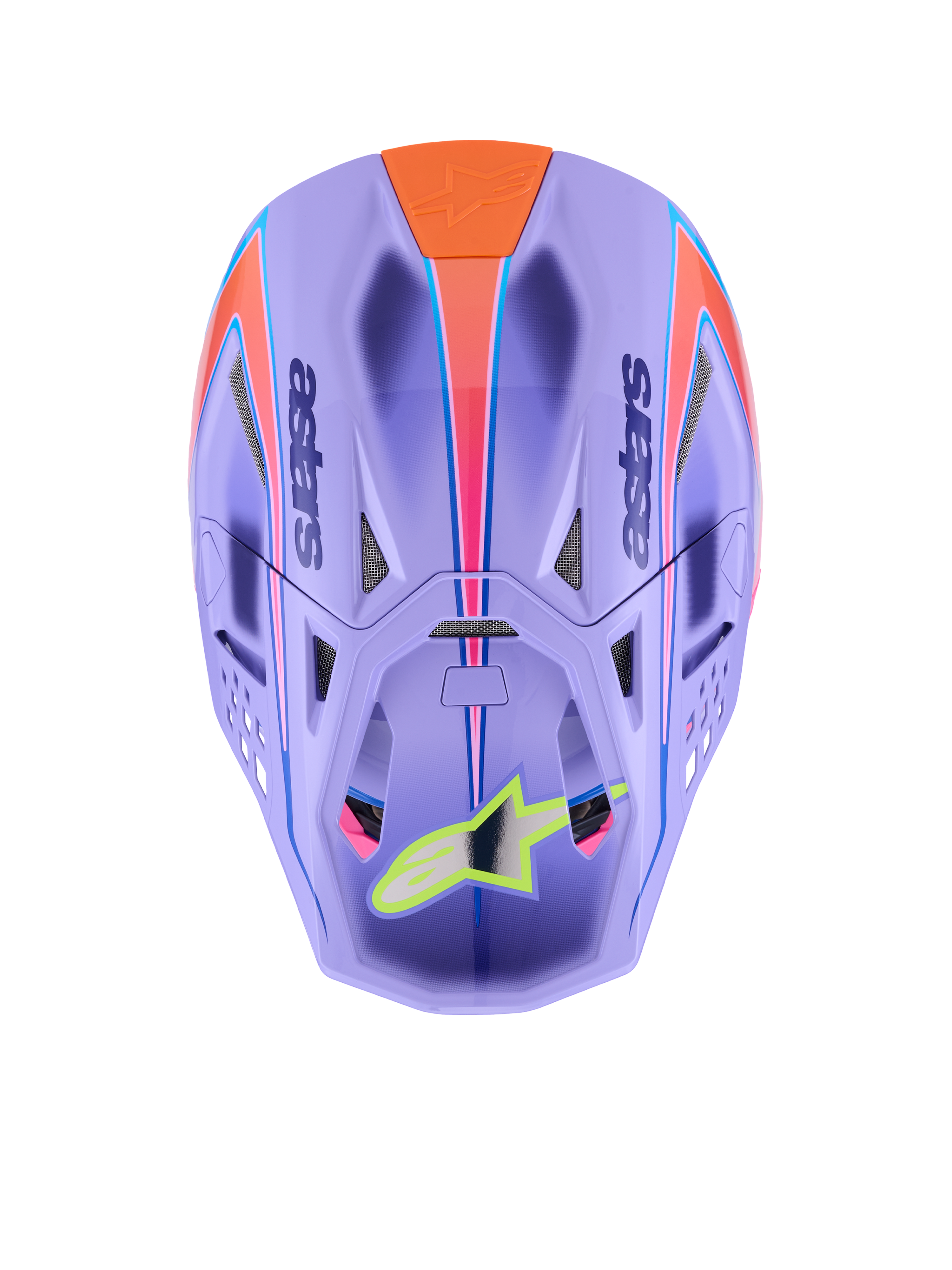 Alpinestars Supertech M10 Jett Lawrence R01 Helmet, casco da motocross, viola con grafiche rosa e arancioni, vista dall'alto che mostra le prese d'aria e la calotta aerodinamica, logo a stella giallo neon sulla visiera, costruzione avanzata in fibra di carbonio per gare fuoristrada
