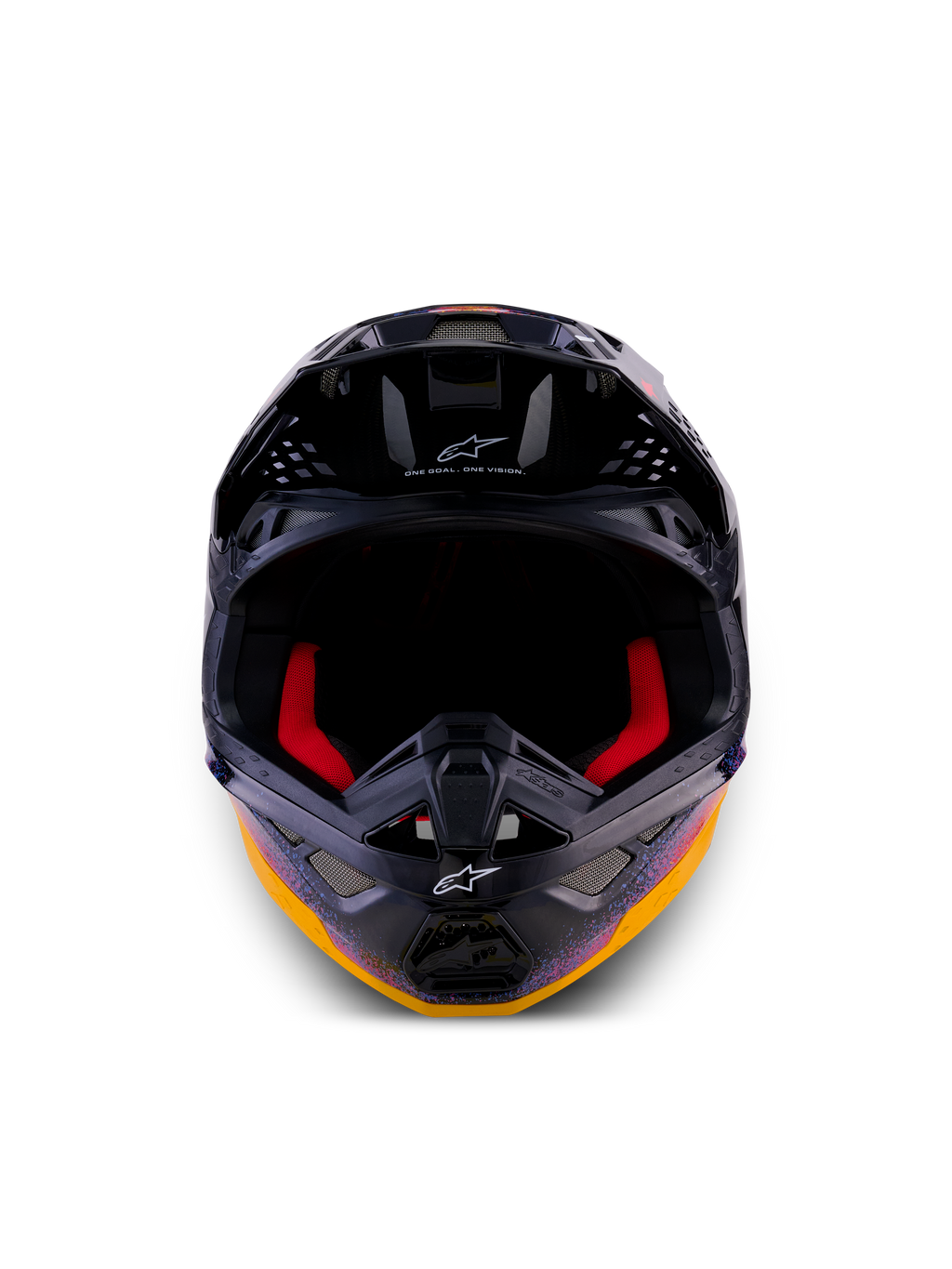 Alpinestars Casco Supertech M10 Black Hole Edizione Limitata, casco da motocross, Black Burst Glossy con vivaci grafiche galattiche arancioni e viola, vista frontale che mostra l'imbottitura interna rossa e le porte di ventilazione