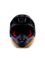 Alpinestars Casco Supertech M10 Black Hole Edizione Limitata, casco da motocross, Black Burst Glossy con vivaci grafiche galattiche arancioni e viola, vista frontale che mostra l'imbottitura interna rossa e le porte di ventilazione