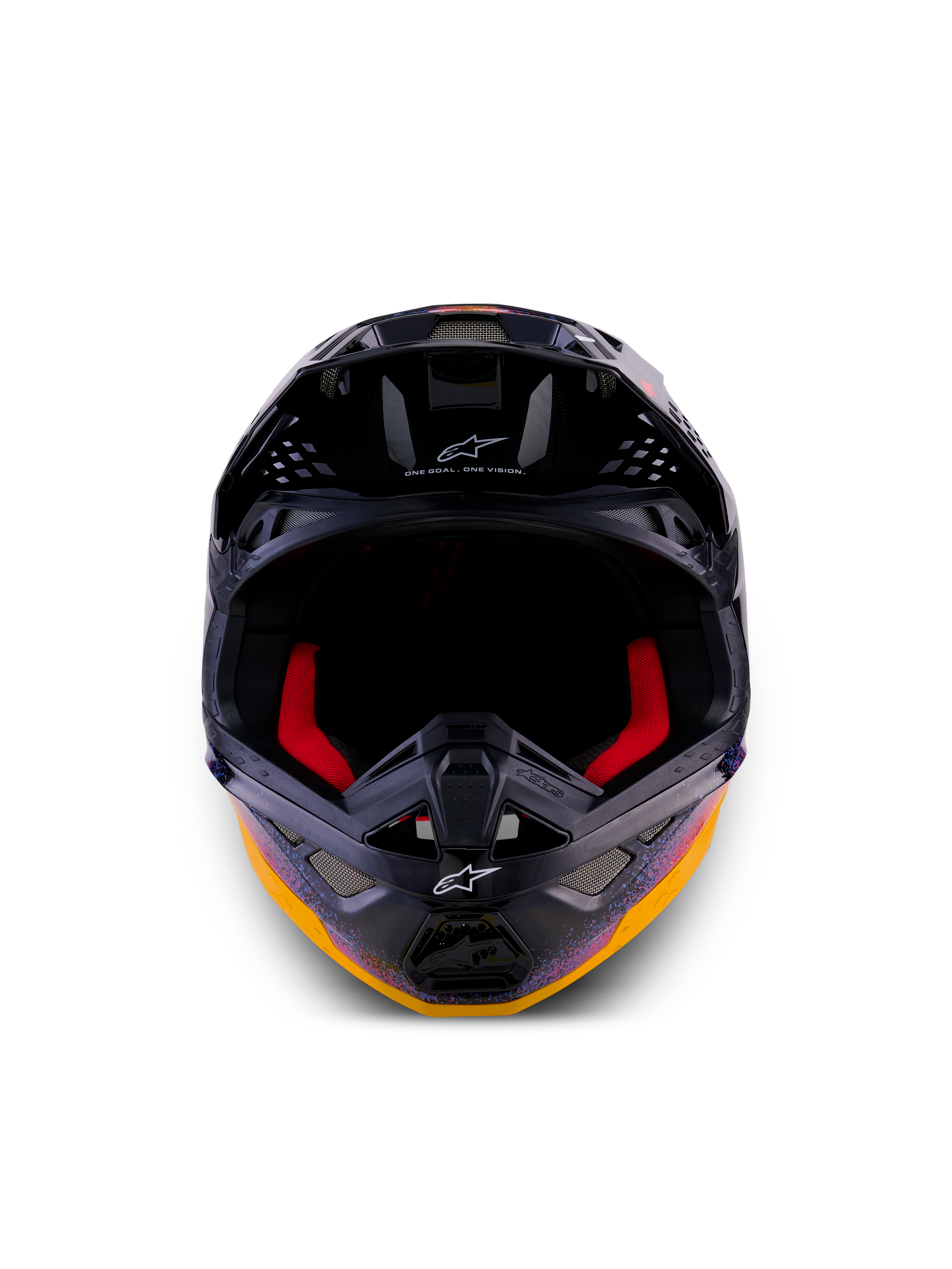 Alpinestars Casco Supertech M10 Black Hole Edizione Limitata, casco da motocross, Black Burst Glossy con vivaci grafiche galattiche arancioni e viola, vista frontale che mostra l'imbottitura interna rossa e le porte di ventilazione