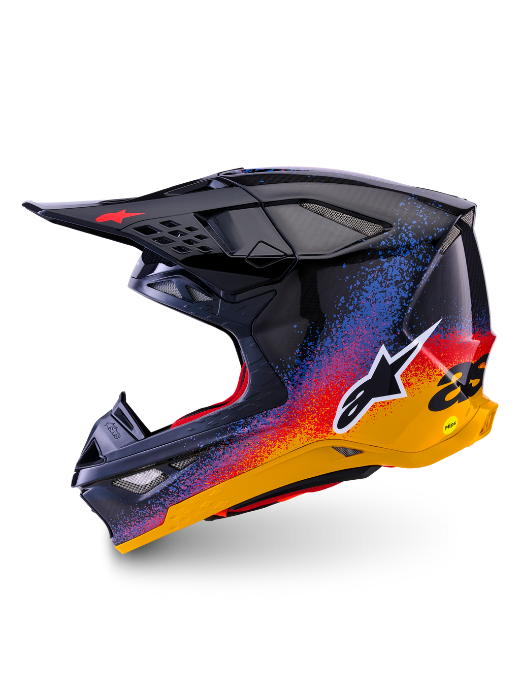 Alpinestars Supertech M10 Black Hole Edizione Limitata, casco da motocross, finitura lucida Black Burst con schizzi sfumati vibranti blu, rossi e gialli, vista laterale che mostra il logo Astars bianco e la trama della calotta in fibra di carbonio.