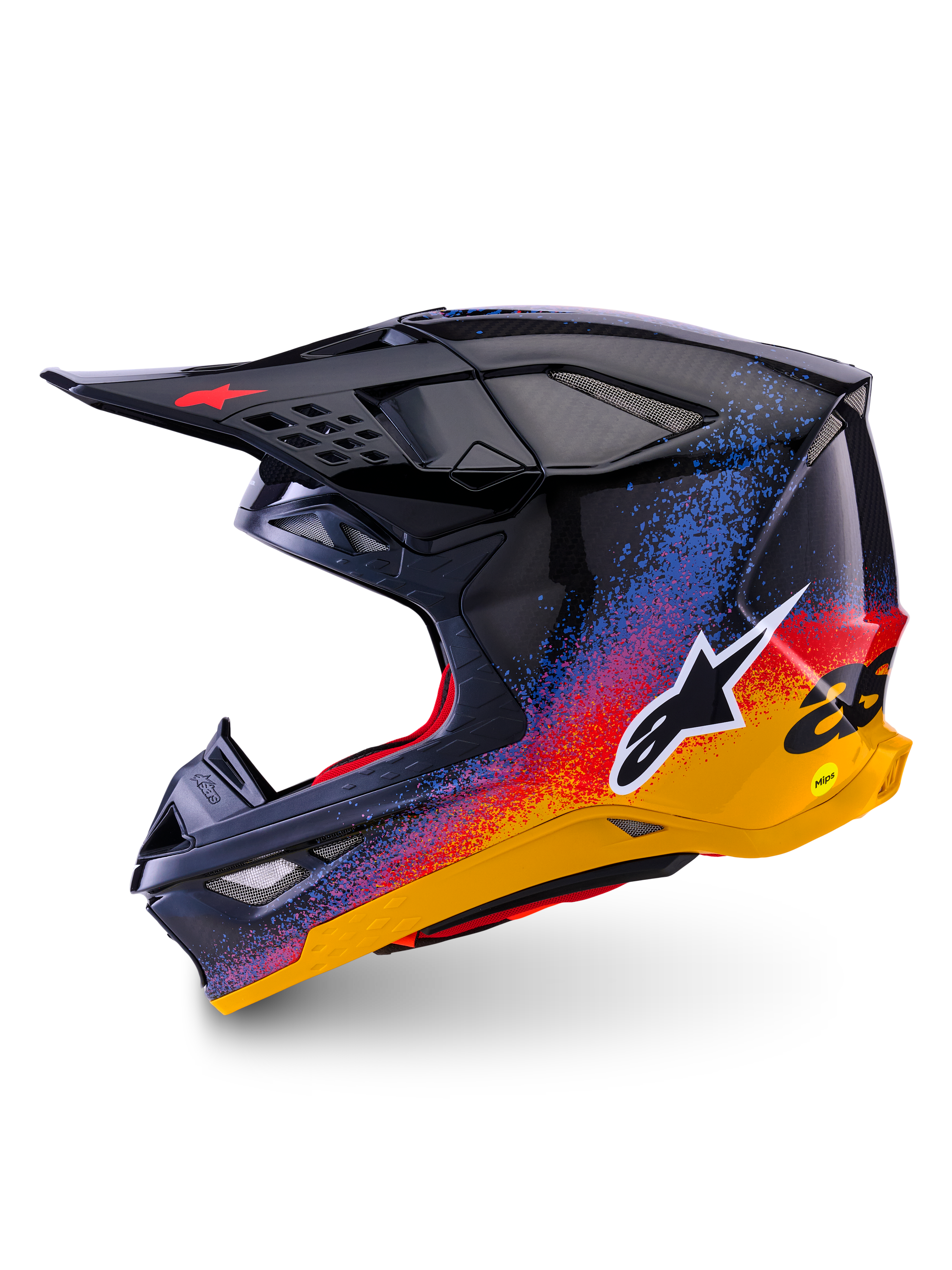 Alpinestars Supertech M10 Black Hole Edizione Limitata, casco da motocross, finitura lucida Black Burst con schizzi sfumati vibranti blu, rossi e gialli, vista laterale che mostra il logo Astars bianco e la trama della calotta in fibra di carbonio.