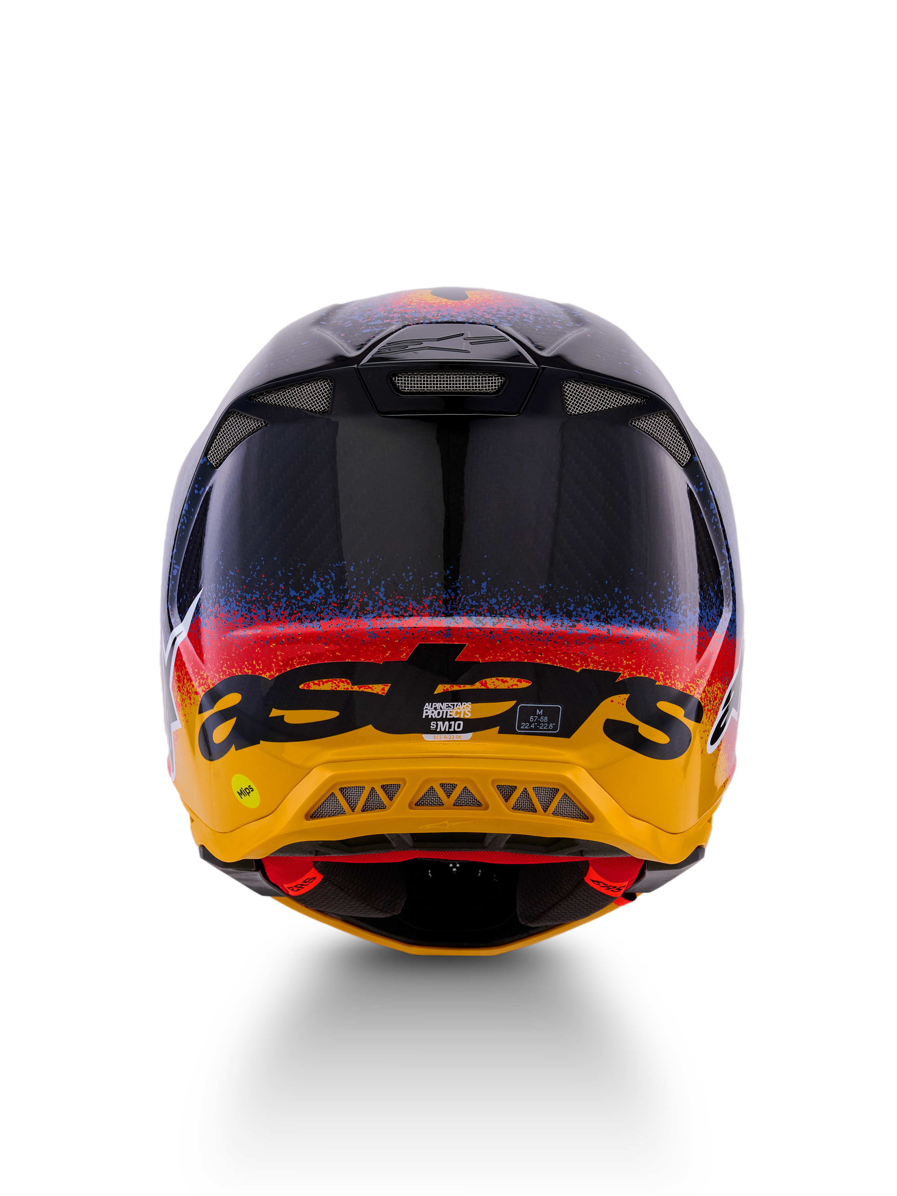 Alpinestars Limited Edition Supertech M10 Black Hole Helmet, casco da motocross, vista posteriore, caratterizzato da una finitura lucida Black Burst con schizzi blu e rossi che sfumano in una base giallo brillante, branding 'astars' nero e prese d'aria di scarico visibili per un flusso d'aria ottimizzato.