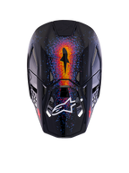 Alpinestars Casco Supertech M10 Black Hole Edizione Limitata, casco da motocross, nero burst lucido, vista dall'alto con vivaci grafiche arancioni, rosse e blu ispirate alla galassia, finitura lucida e logo Alpinestars bianco sulla visiera.