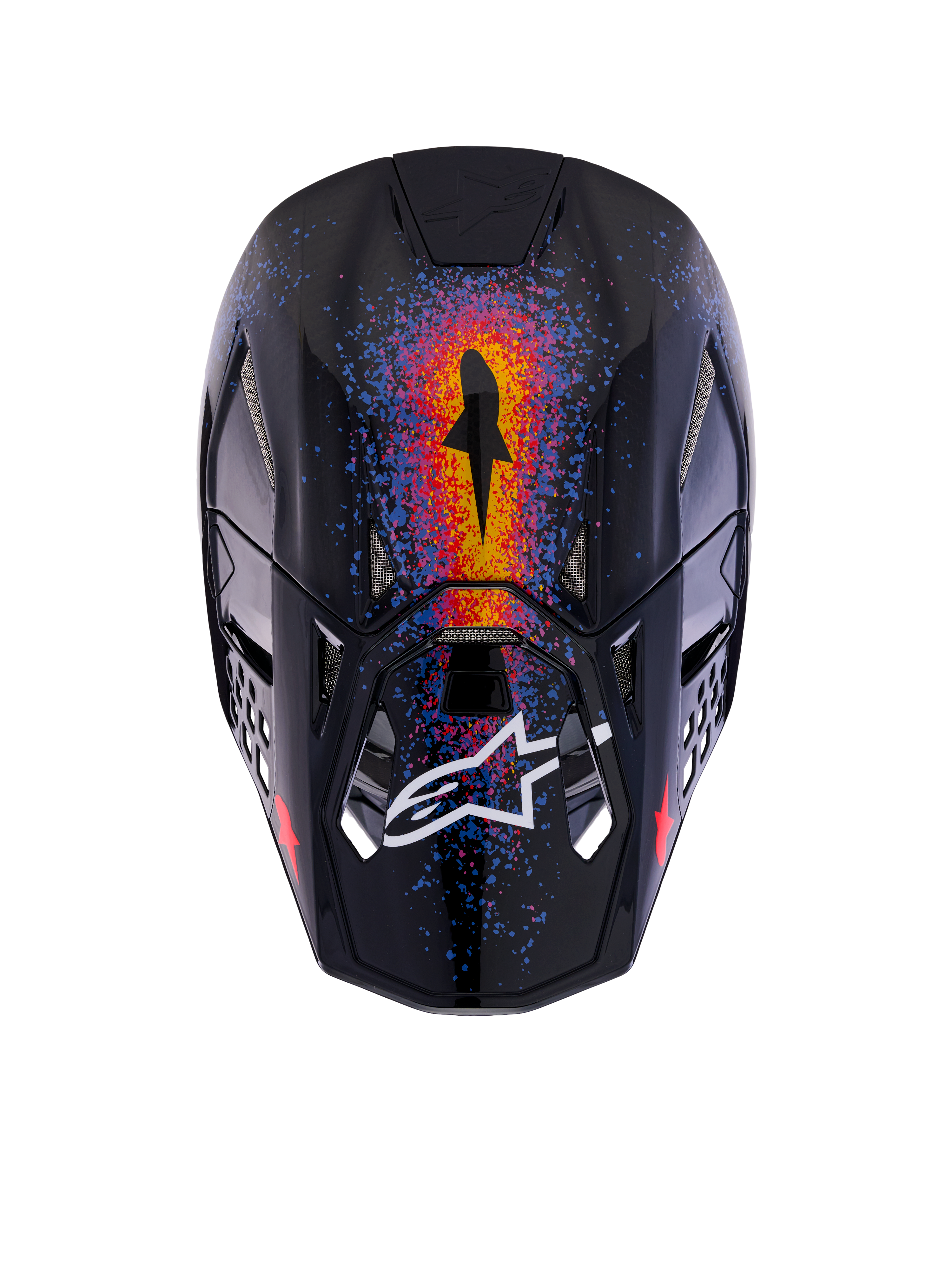 Alpinestars Casco Supertech M10 Black Hole Edizione Limitata, casco da motocross, nero burst lucido, vista dall'alto con vivaci grafiche arancioni, rosse e blu ispirate alla galassia, finitura lucida e logo Alpinestars bianco sulla visiera.